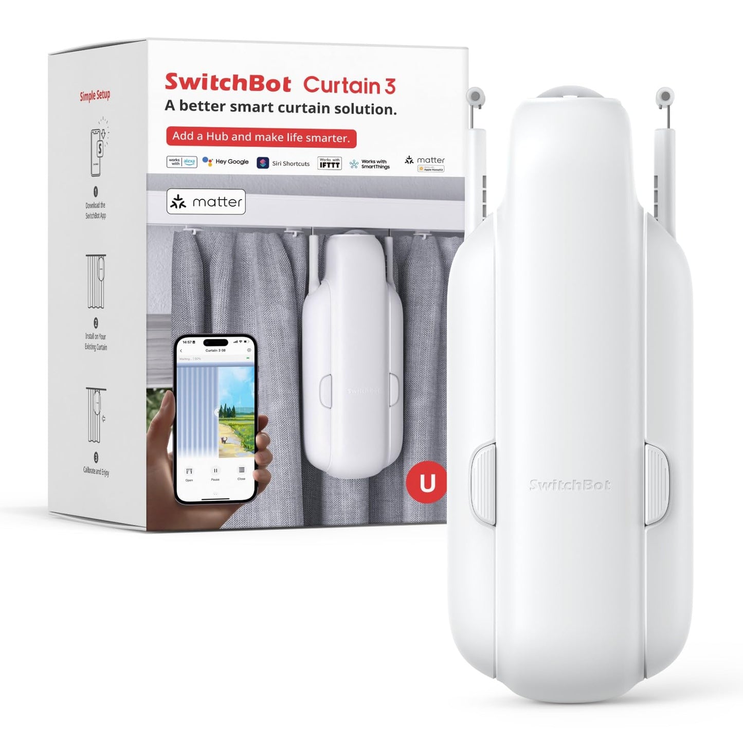 SwitchBot Automatic Curtain Opener - Bluetooth Remote Control Smart Curtain with App, Upgraded High-Performance Motor, Add Switc