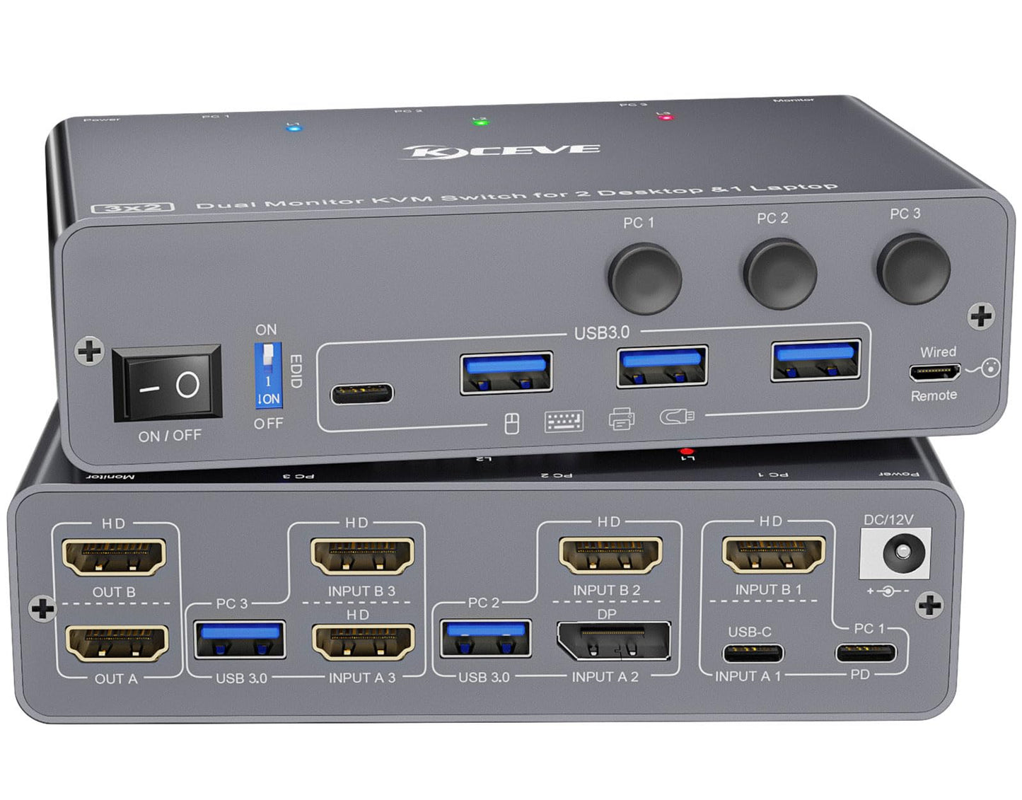 KCEVE KVM Switch 2 Monitors 3 Computers USB C HDMI DP, EDID, USB 3.0 KVM Switch Dual Monitor HDMI for 1 Laptops 2 Desktop Share