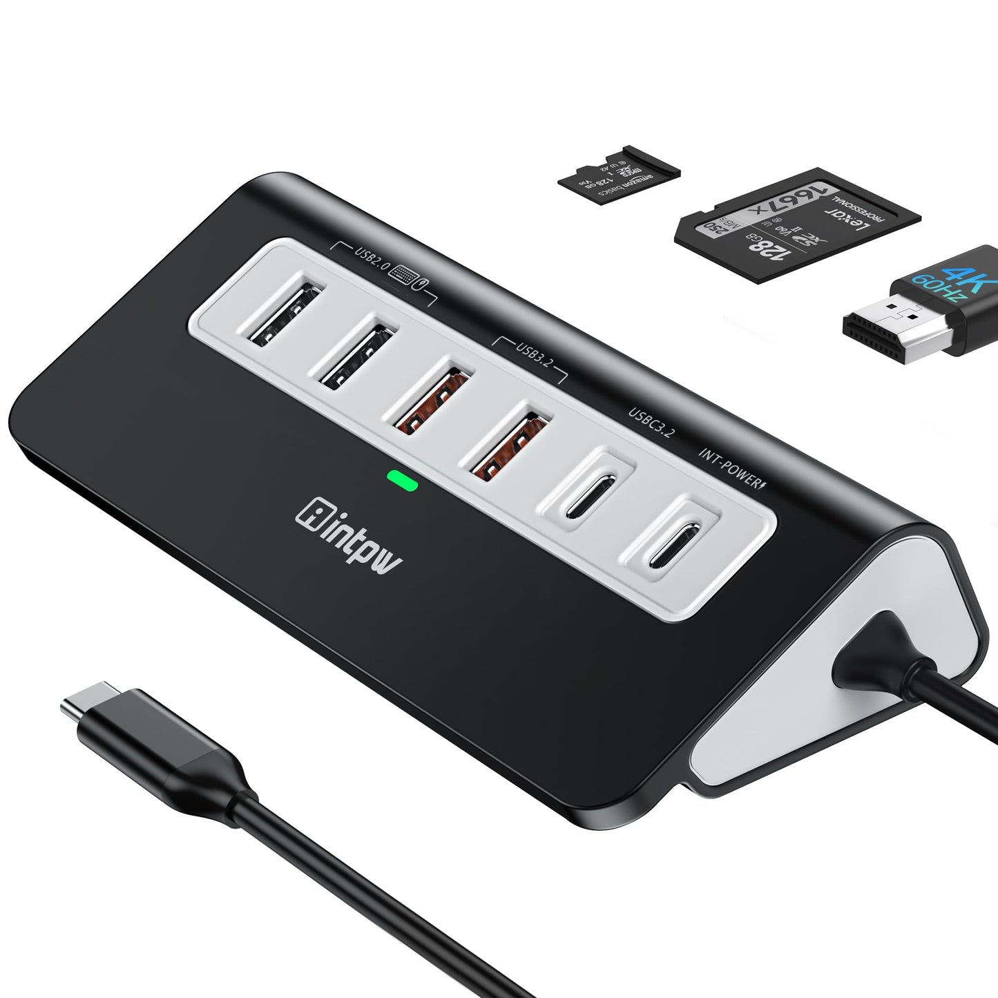 intpw USB C Hub 10Gbps, 9-in-1 USB C Docking station with 4K@60Hz HDMI, Type-C & 2 Type-A 3.2, 2 USB-A 2.0, PD 100W, SD/TF Port,