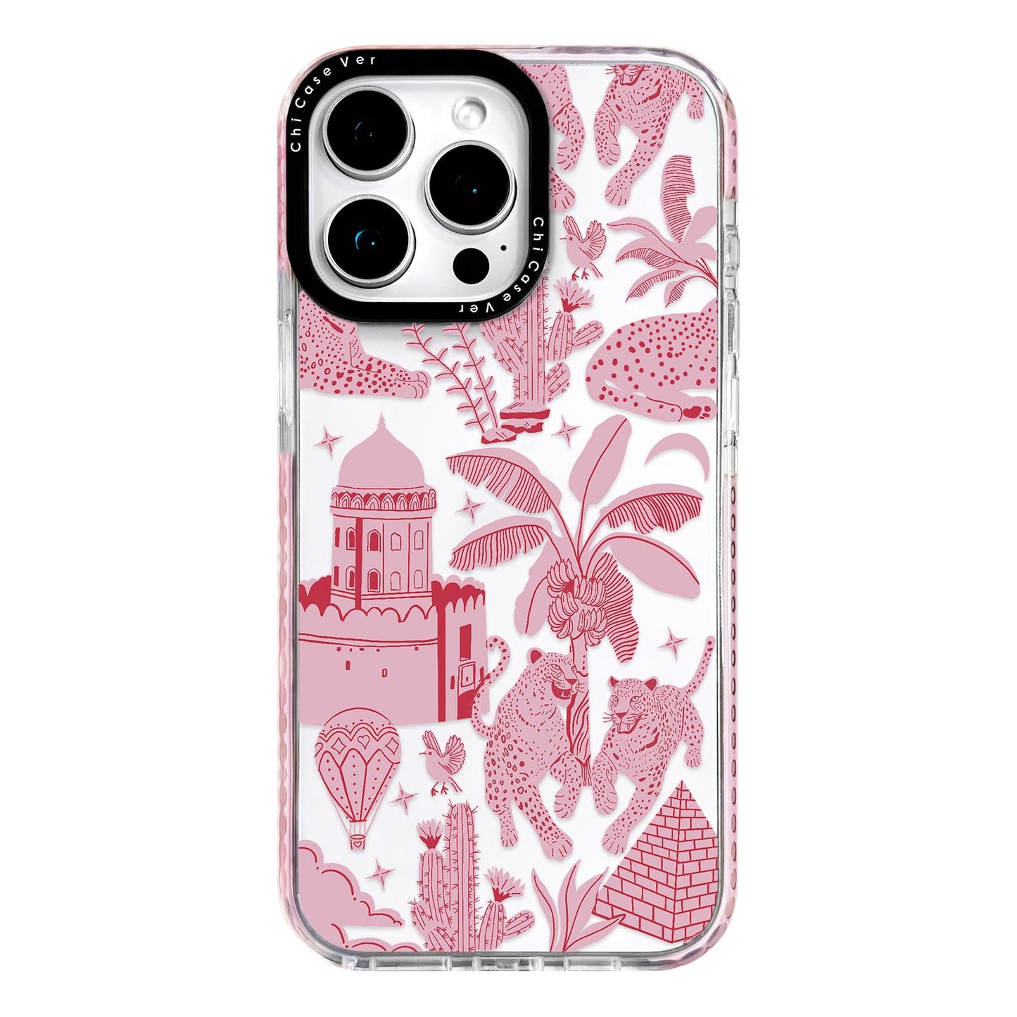 ChiCaseVer for iPhone 13 Case, Whimsical Pink Leopard Safari Pattern with Pyramids & Balloons, Military-Grade Drop Protection, B