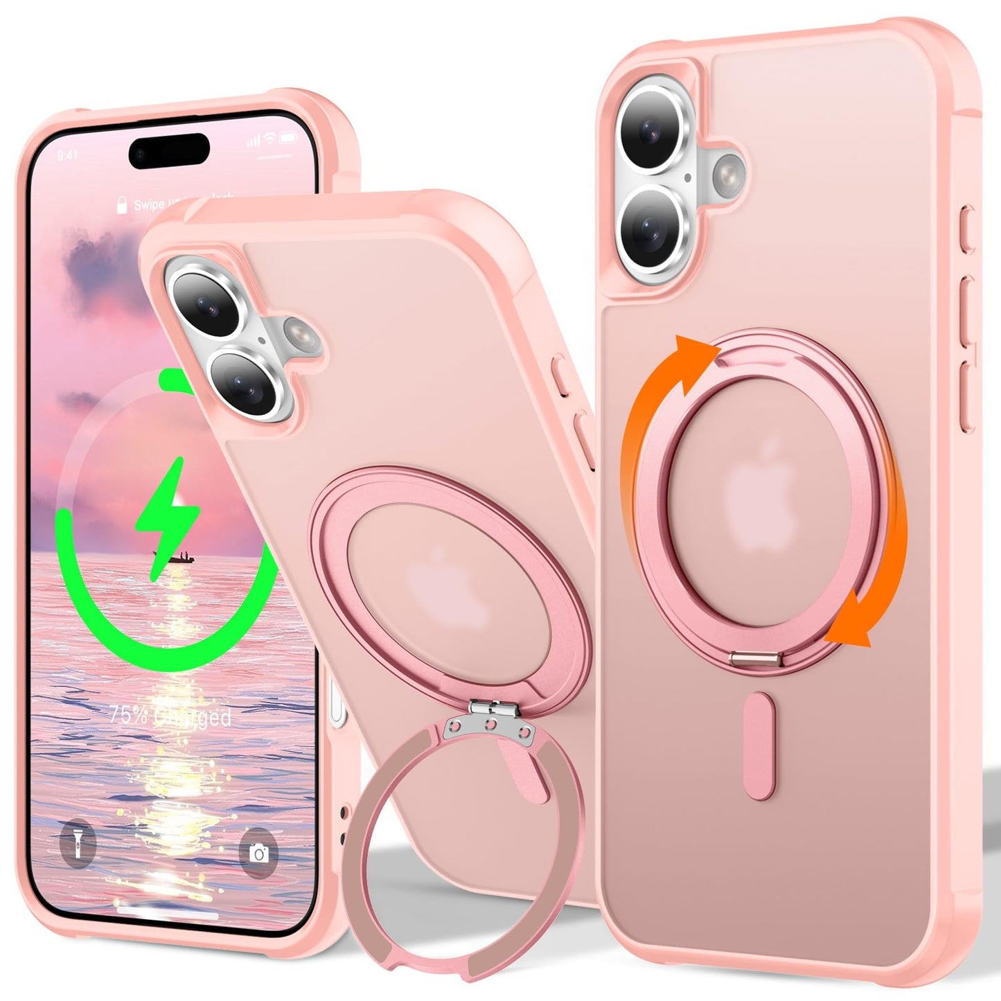 UMIONE 360 Rotatable Magnetic Ring Design for iPhone 16 Plus, Built-in Invisible Loop Stand, Compatible with Magsafe, Translucen