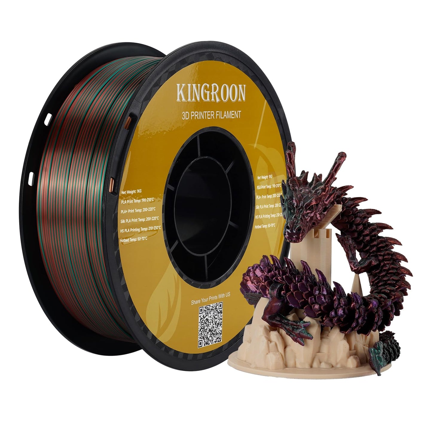 Kingroon Silk PLA Triple Color,3D Printer Filament,Pla Filament 1.75mm,Multicolor Filament 1KG,Dimensional Accuracy +/- 0.03mm,f