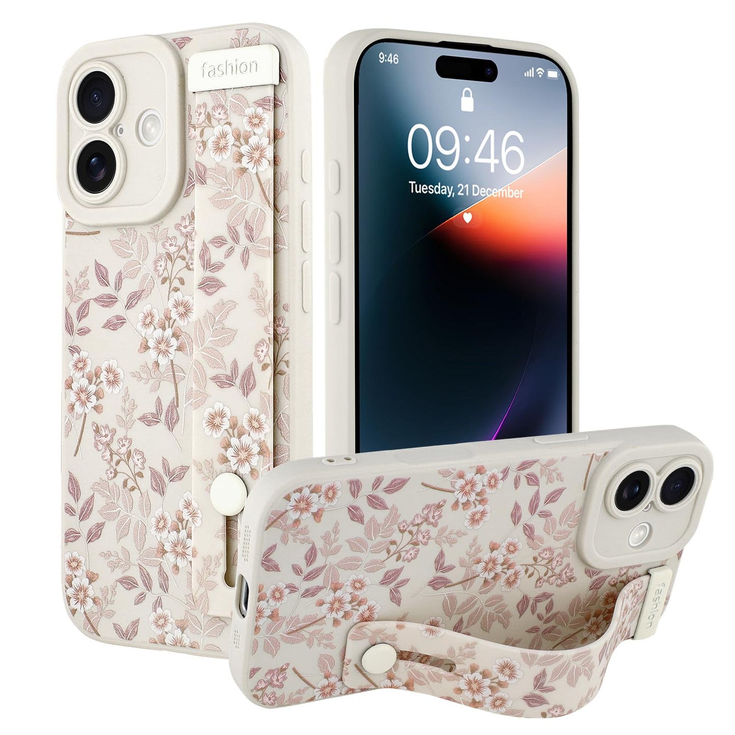 Ufbara Compatible with iPhone 17 Case for Women Men, Cute Flower Floral Pattern, Built in Adjustable Metal Wrist Strap Grip Hand