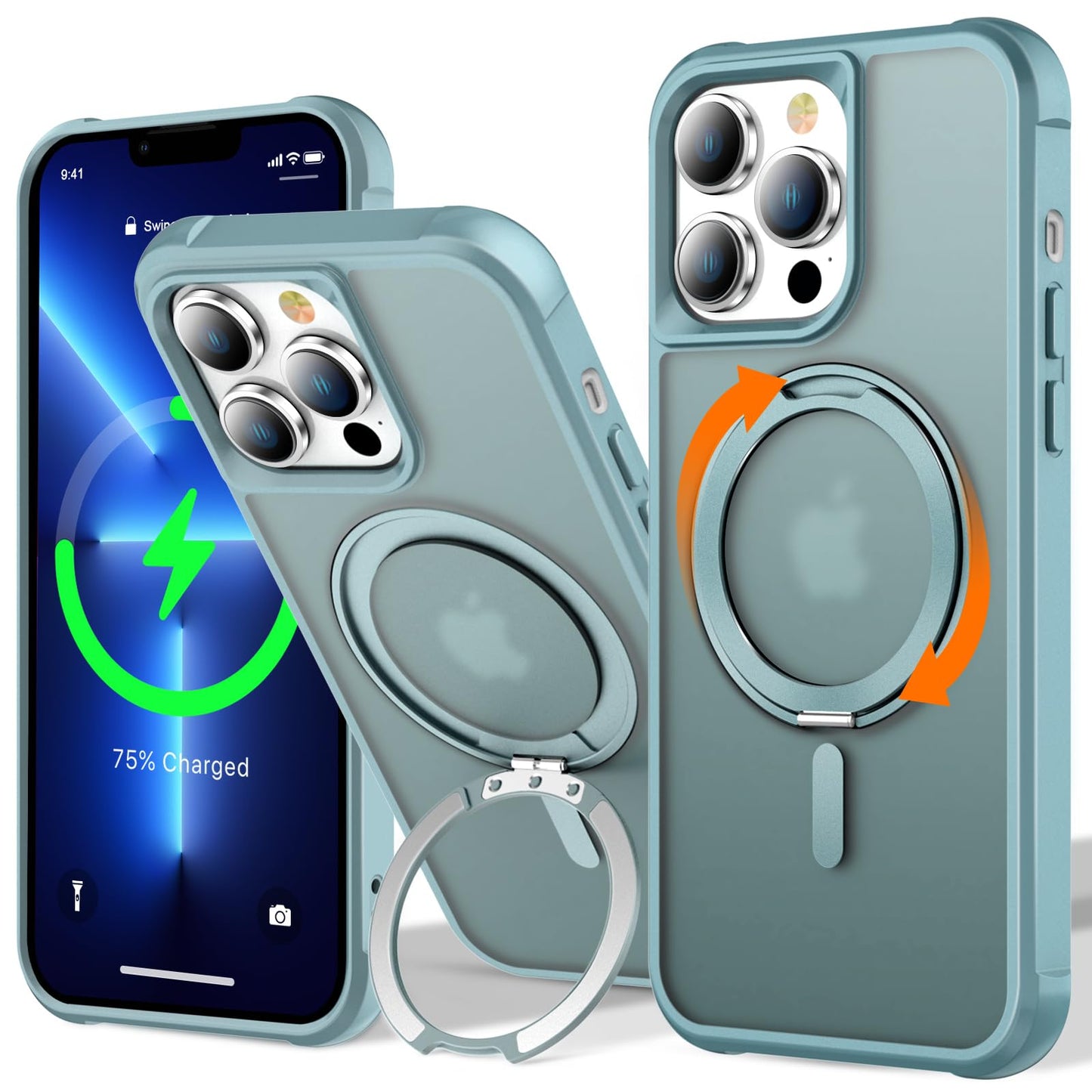 UMIONE 360 Rotatable Magnetic Ring Design for iPhone 13 Pro, Built-in Invisible Loop Stand, Compatible with Magsafe, Translucent