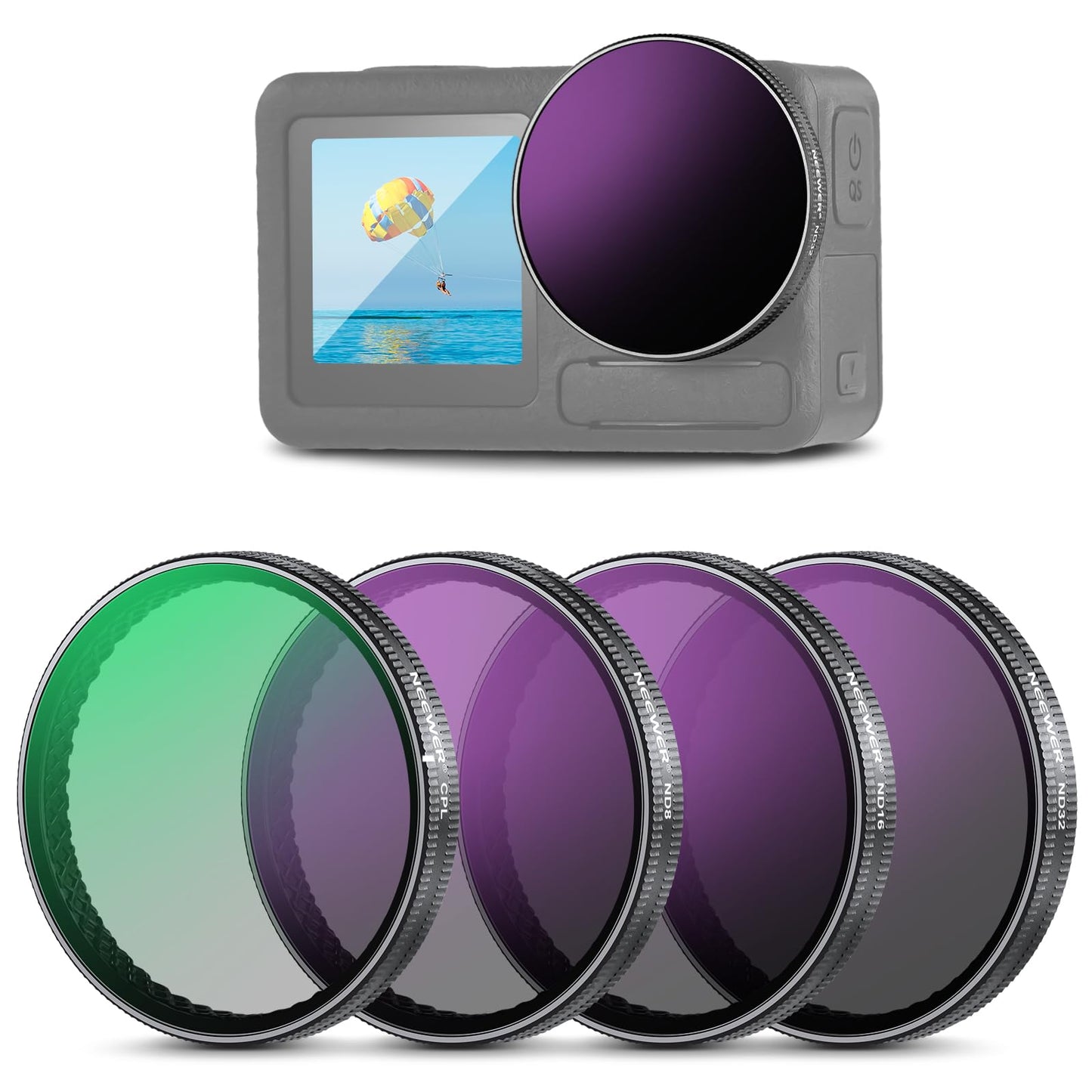 NEEWER Snap On ND Filter Set Compatible with DJI Osmo Action 5 Pro/4/3, 4 Pack ND8+ND16+ND32+CPL Action Camera Accessories Direc