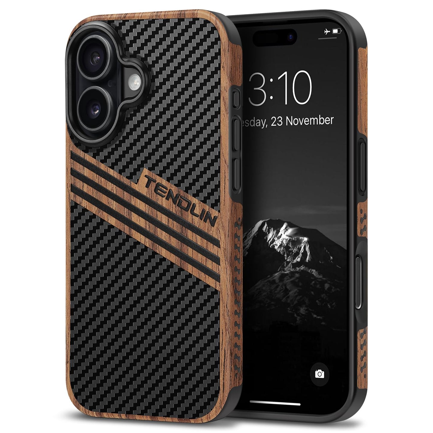 TENDLIN Compatible with iPhone 17 Case Wood Grain with Carbon Fiber Texture Design Leather Hybrid Slim Case (Three Stripe)