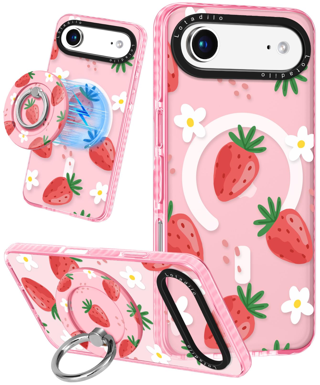 Lotadilo Case for iPhone 17 Air Case Compatible with Magsafe Ring Holder Stand - for Women Strawberry Flower Design TPU Phone Co