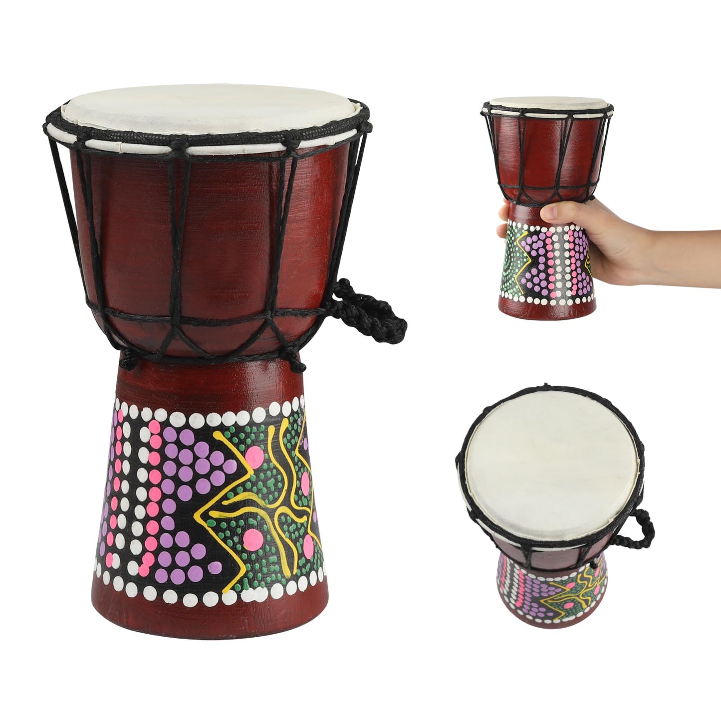 Mini Wood Djembe Drum, 4.5 x 8 Carved Mahogany African Drums with Goatskin Drumhead, West African Styled Professional Sma