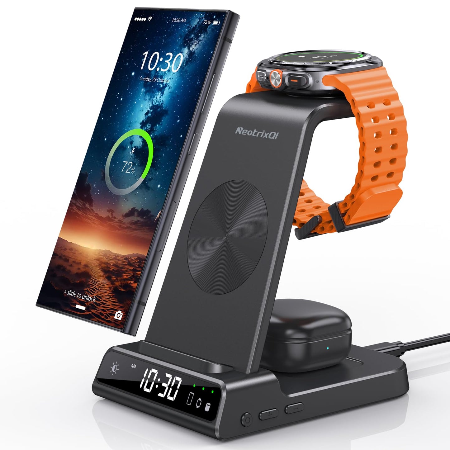 NeotrixQI 3 in 1 Wireless Charger Station for Samsung Galaxy S24/S23/Z Flip 5/Fold 5/Watch 6 - Black, Model XF-C01