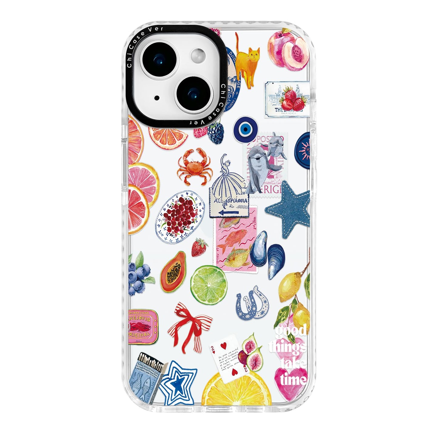 ChiCaseVer for iPhone 15 Case, Coastal Fruit Collage Pattern with Lucky Charms, Military-Grade Drop Protection, Boho Y2K Soft Sl