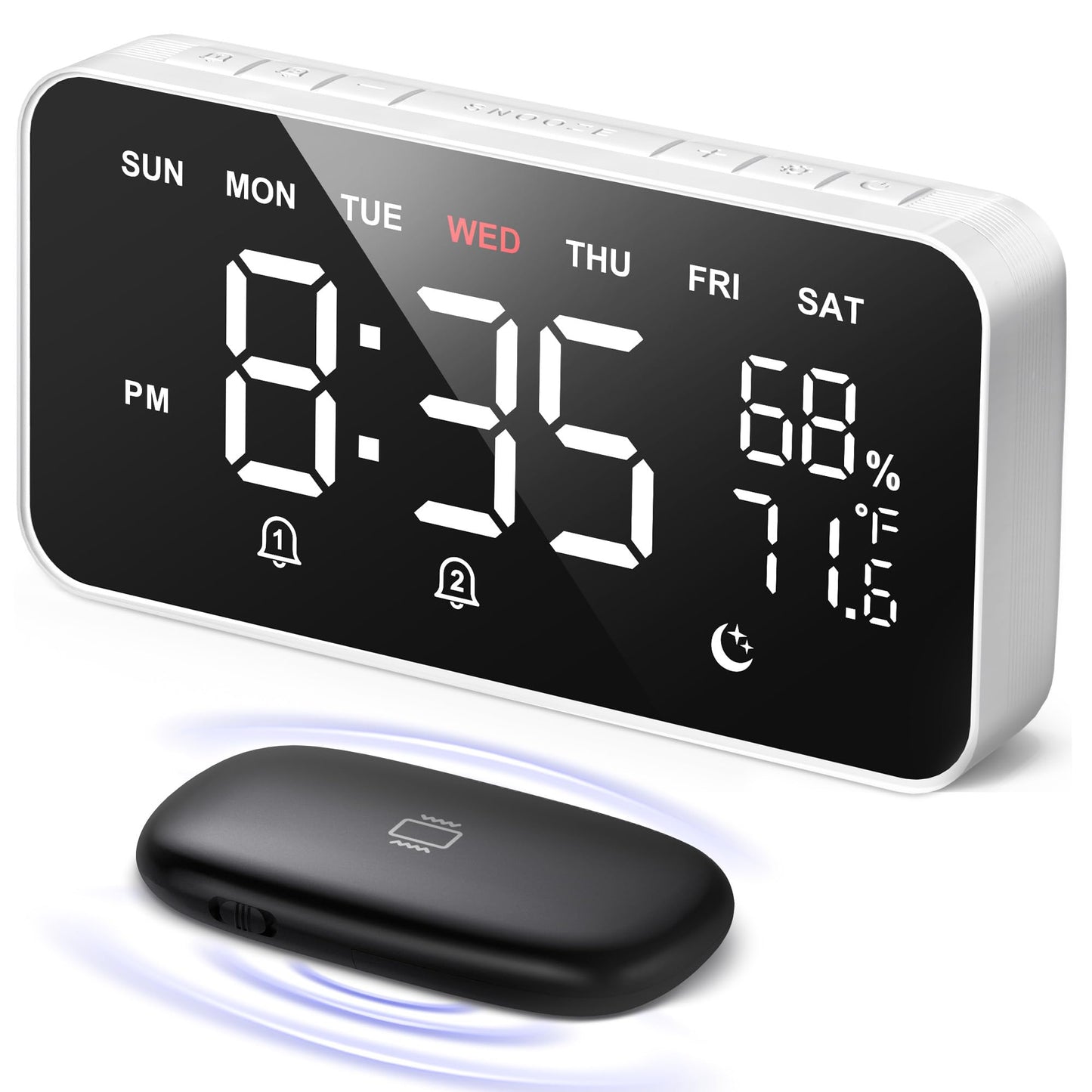 Dekala Loud Alarm Clock for Heavy Sleepers Adults, Wireless Bed Shaker Vibrating Dual Alarm Clocks for Bedrooms, Dimmable Large