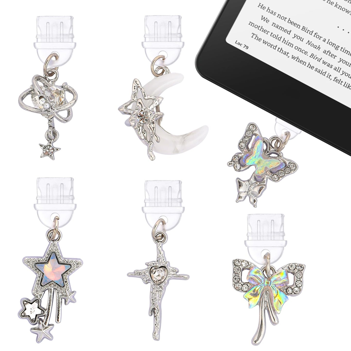 TAKEALOOKO 6 Pcs Star Moon Dust Plug Charms - Silver Y2K Butterfly Aesthetic Pendant Compatible with Kindle & Phone, Type C Anti