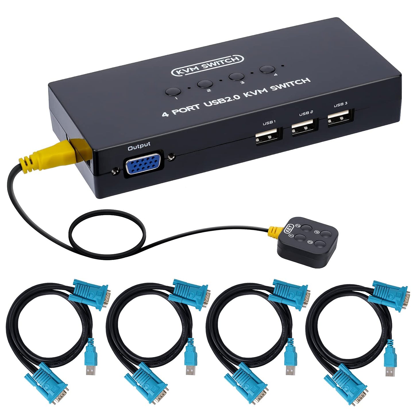 VGA KVM Switch 4 Port, USB VGA KVM Switcher for 4 Computers Share 1 Monitor 3 USB Devices Keyboard Mouse Scanner Printer, Includ