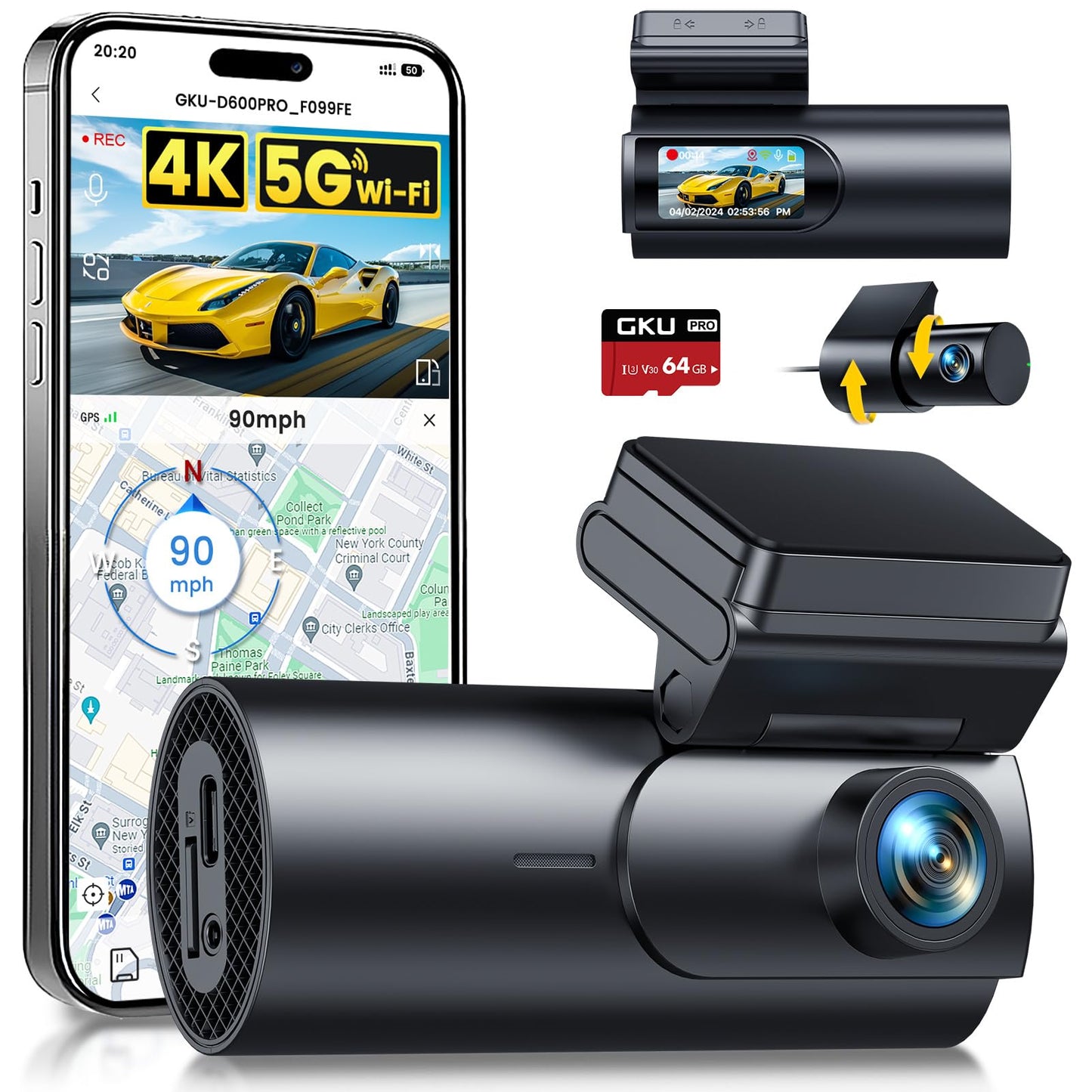 GKU 4K Dashcam Auto Vorne Hinten, 5G WiFi & GPS, Dual Dash Cam, 1.5 IPS Mini Auto Kamera mit 64GB SD Karte, Parkberwachung, S