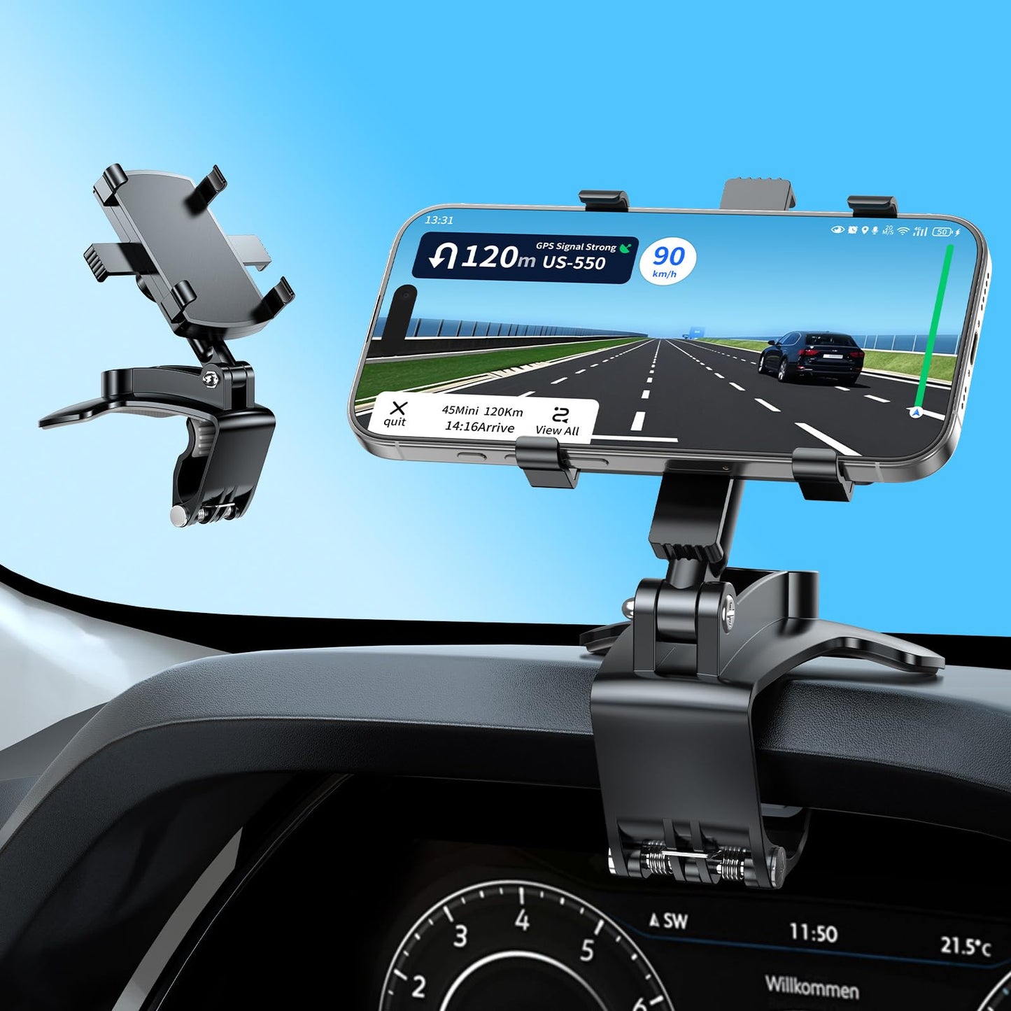 Universal 360Dashboard Phone Mount - Multi-Functional Visor/Rearview Rotating Car Holder for 4-7 Phones, Non-Slip Adjustable Cla