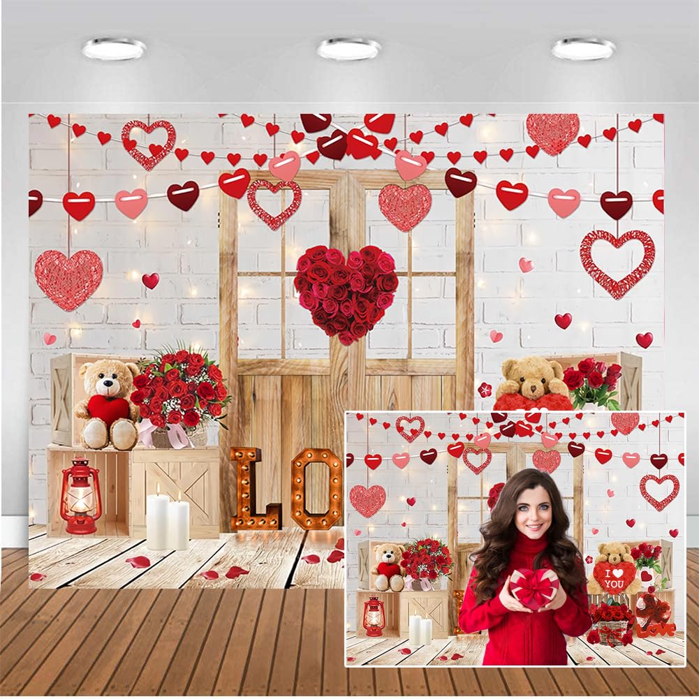 CHAIYA 7x5ft Happy Valentines Day Photography Backdrops Brick Wall Wood Door and Red Rose Flower Love Heart Lights Background V