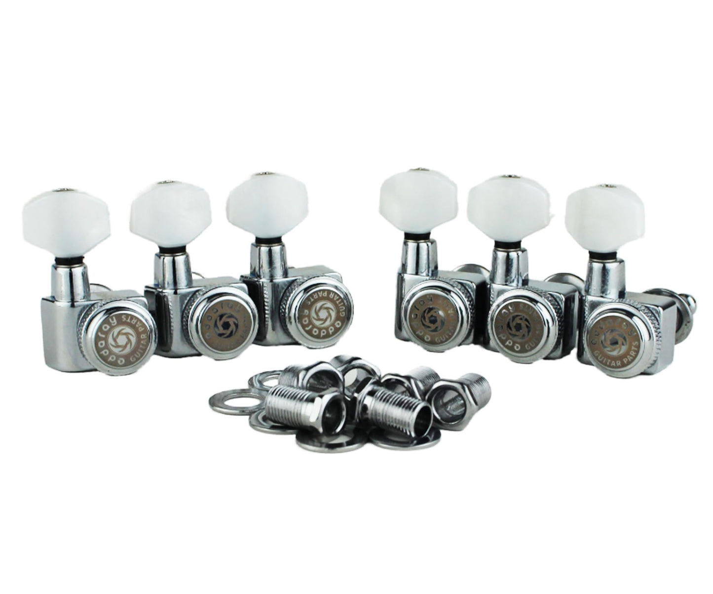 Eddaray 6 In-line Guitar Locking Tuners, 1:18 Gear Ratio Lock String Tuning Key Pegs Machine Heads Replacement, Chrome, Pearl Bu