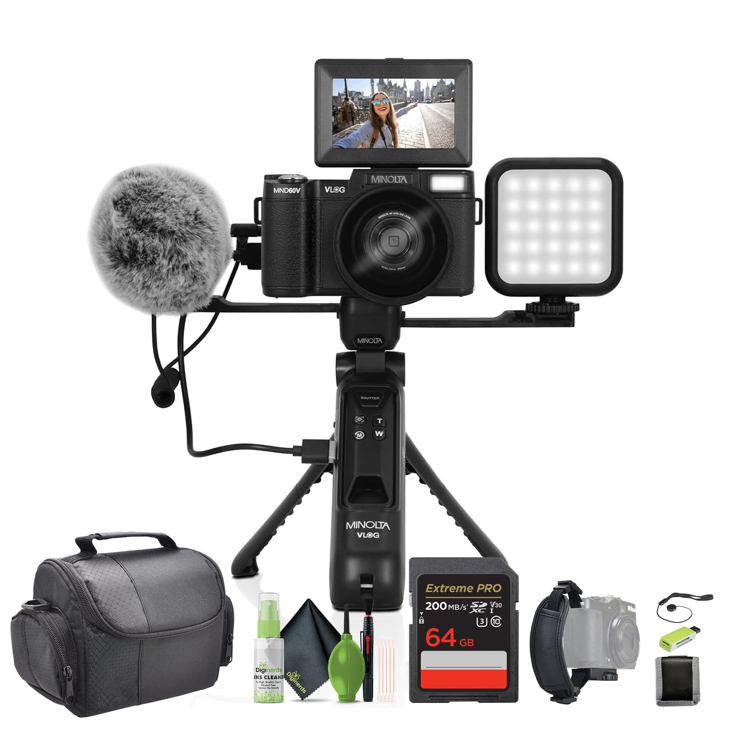 Minolta MND60V 64 MP Autofocus 4K Digital Vlogging Camera / 60FPS Ultra HD Vlogger & Content Creators Kit (Black) Bundle with 6