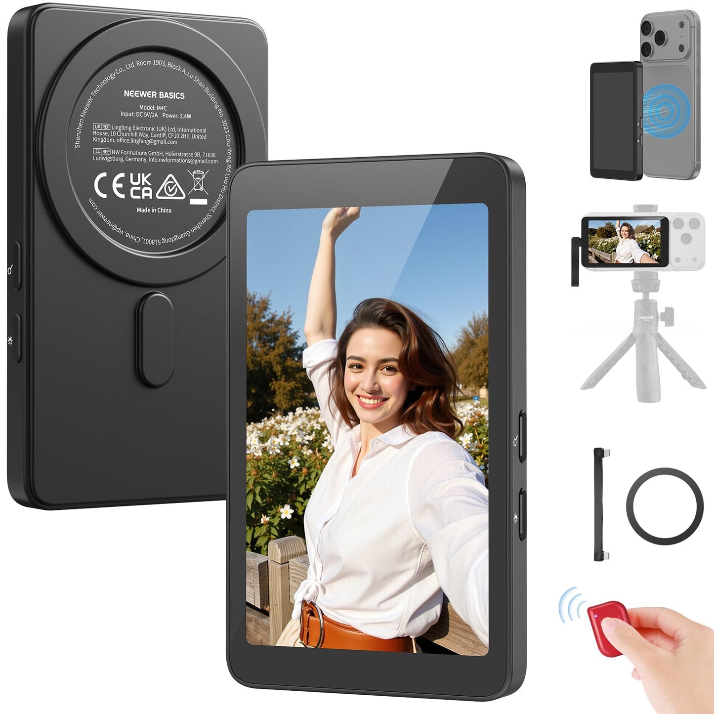 NEEWER Basics 4 Magnetic Vlog Selfie Monitor Screen, 4K 120fps Wired Recording for DP Enabled Phone, Back Camera Monitor with Re
