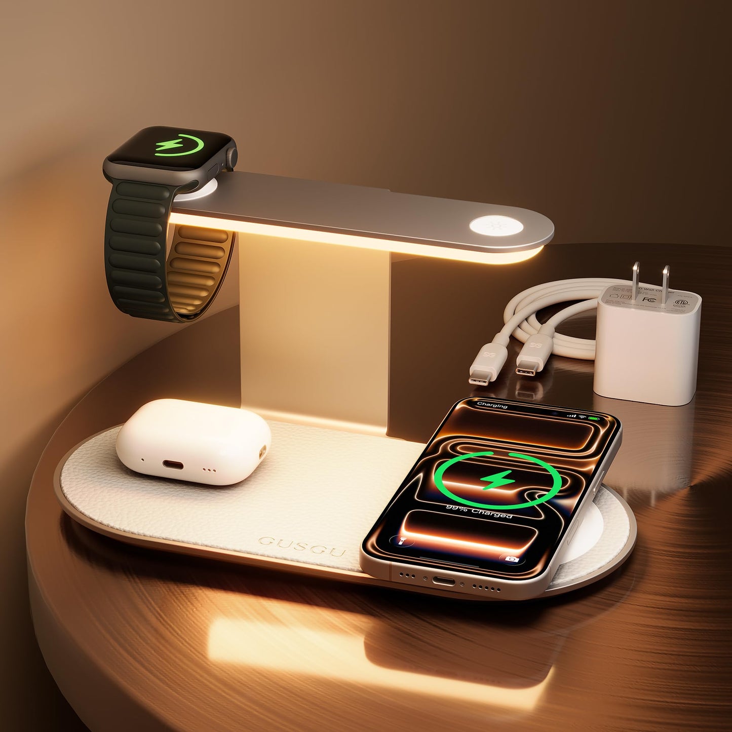 GUSGU 3 in 1 Charging Station for MagSafe Wireless Charger with Three-Level Night Light, 15W Max Fast Charging for iPhone 17/16/