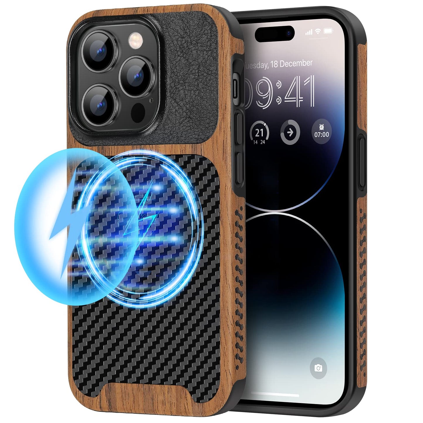TENDLIN Magnetic Case for iPhone 14 Pro - Wood Grain with Carbon Fiber Texture, Leather Hybrid Slim Case (MagSafe Compatible)