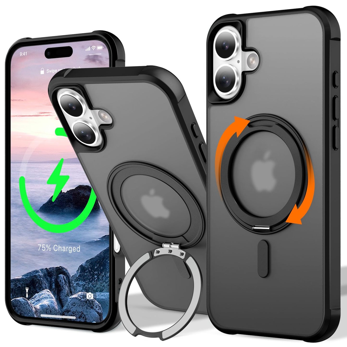 UMIONE 360 Rotatable Magnetic Ring Design for iPhone 16, Built-in Invisible Loop Stand, Compatible with Magsafe, Translucent Ult