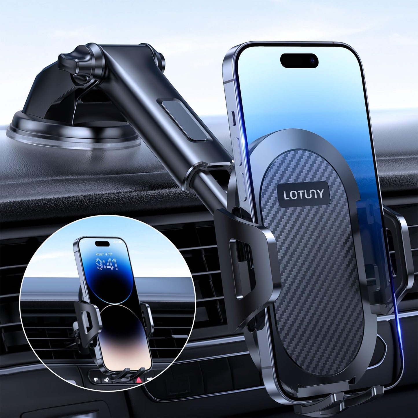 LOTUNY Universal Car Phone Mount - Suction Holder for Dash/Windshield/Vent, Black, Polycarbonate, Model 0c8e1d9d-1c4e-402