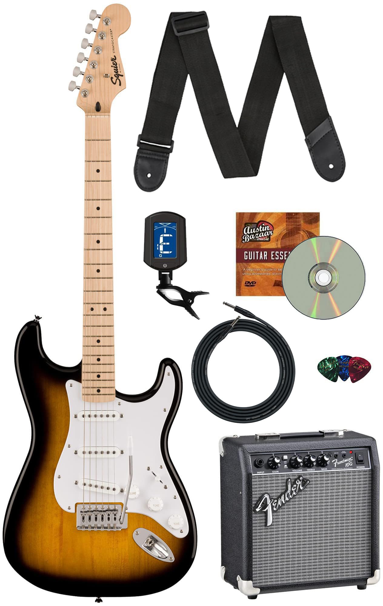 Fender Squier Sonic Stratocaster HSS - Black Bundle with Amp, Tuner, Strap, Cable, Picks, and Austin Bazaar Guitar DVD