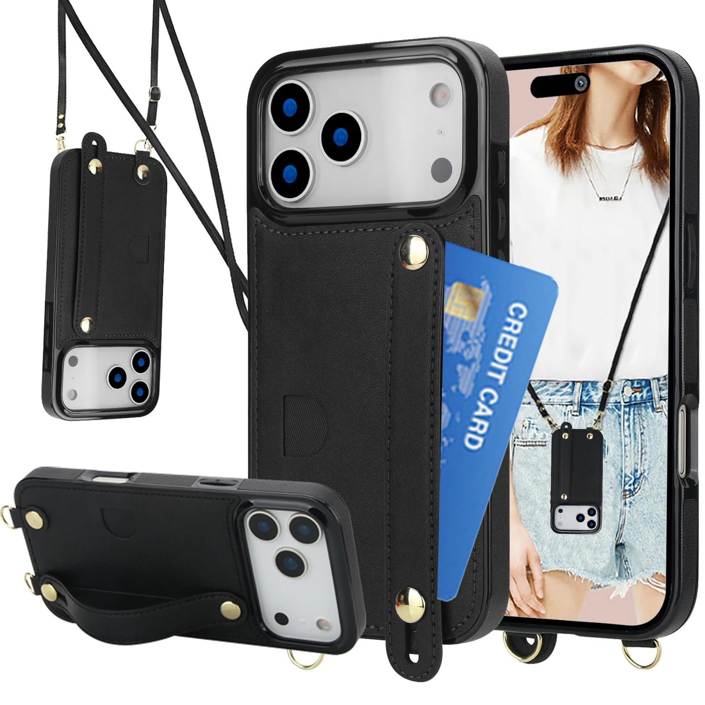 CCSmall for iPhone 17 Pro Max Lanyard Case with Card Holder for Women, Detachable PU Leather Crossbody Strap Wristband Kickstand