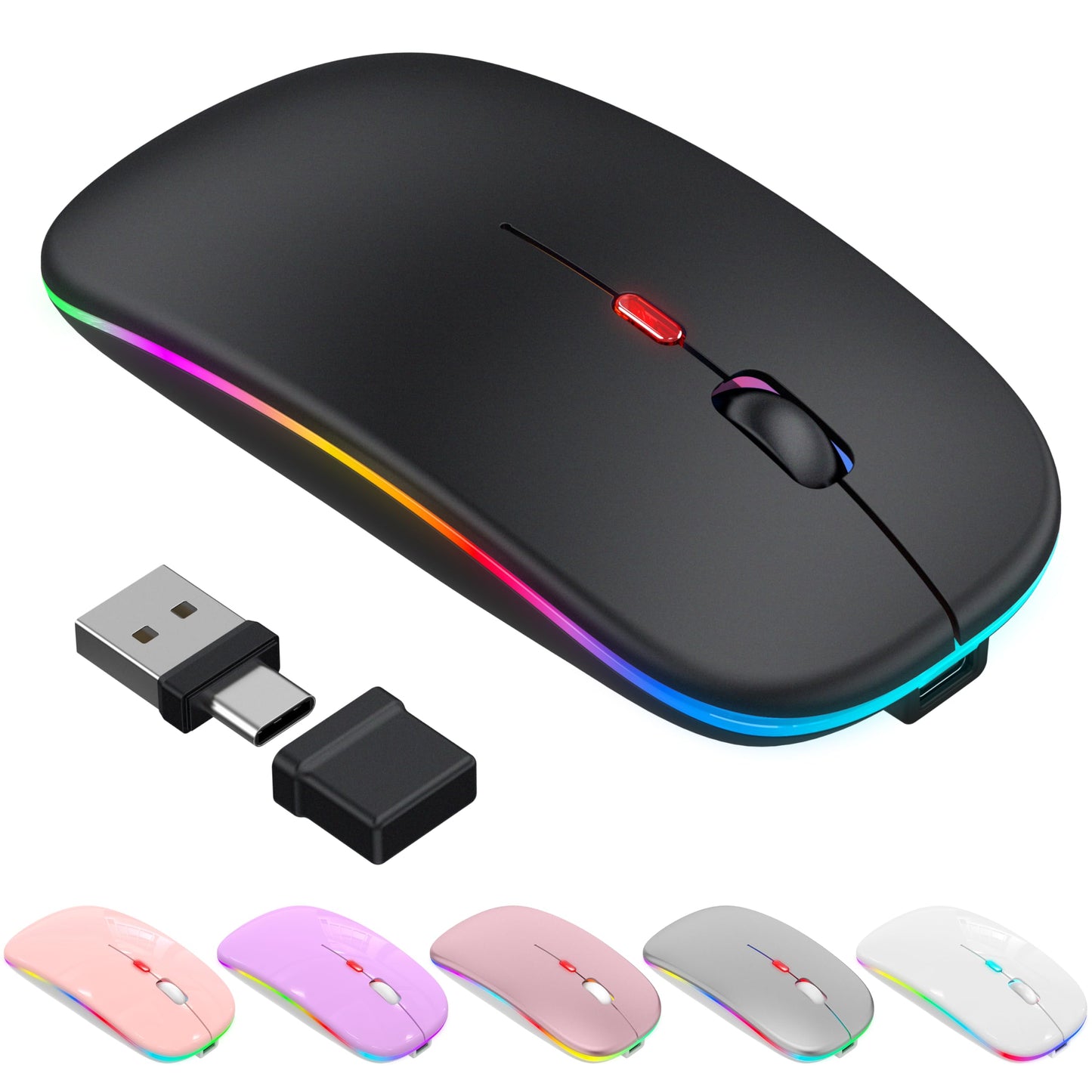 Bluetooth Wireless Mouse for MacBook Air Mac Pro iPad ,LED Rechargeable Silent Mouse with 2.4GHz USB-A/USB-C Receiver & Mouse Ji
