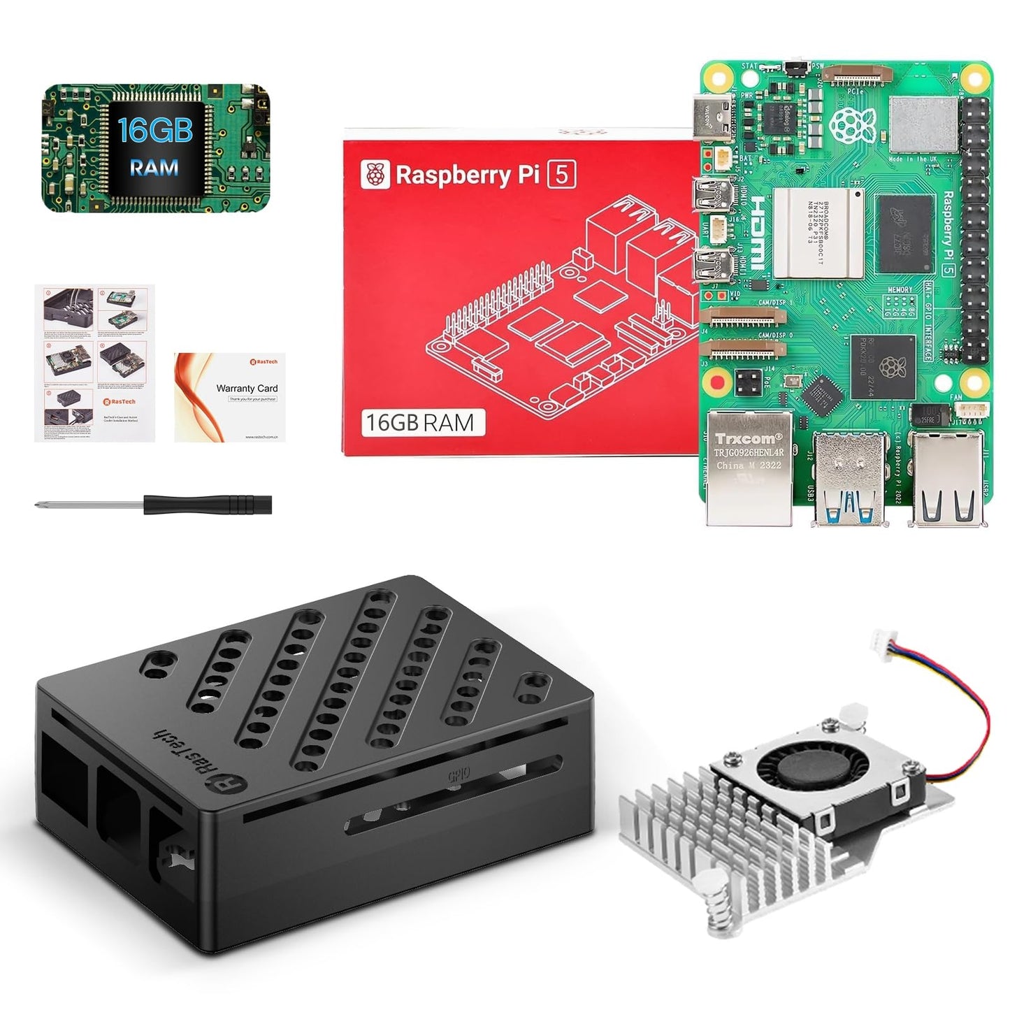 RasTech Raspberry Pi 5 Kit 16GB RAM with Active Cooler,Case for Pi5,Screwdriver and Raspberry Pi 5 16GB Board Included