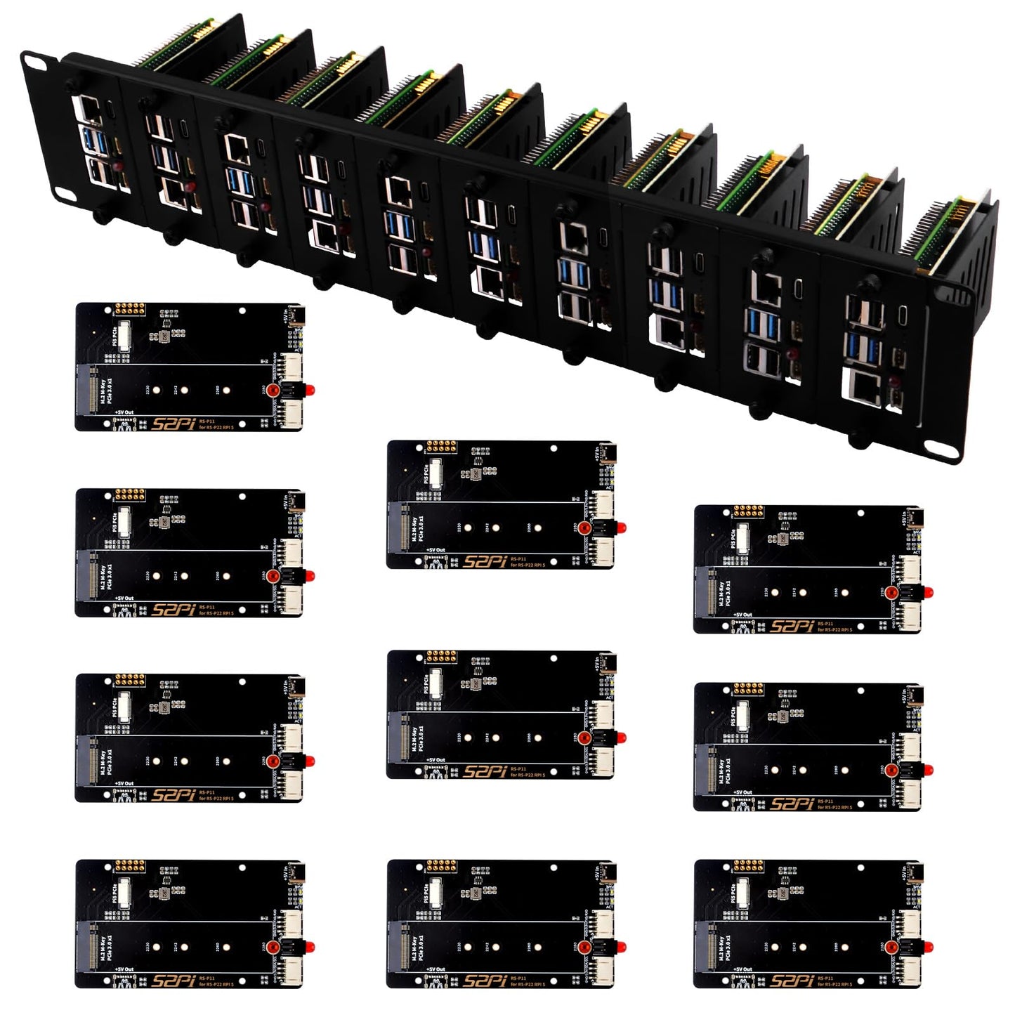 GeeekPi 19 inch 2U Rack Mount for Raspberry Pi 5, with 10PCS PCIe to M.2 NVMe SSD Adapters, Compatible with 19 inch Server Rack