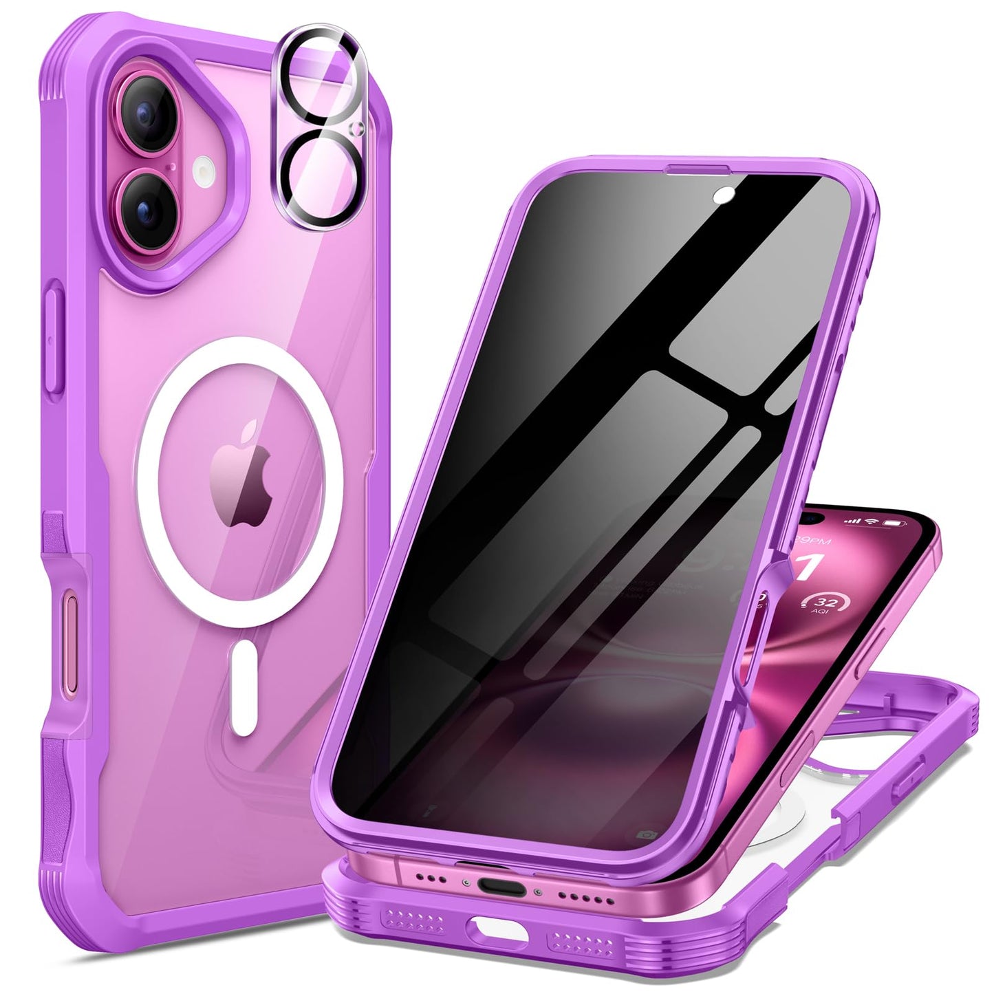seacosmo for iPhone 16 Case, Full Body Bumper with Built-in 9H Tempered Glass Privacy Screen and Camera Lens Protector, Compatib