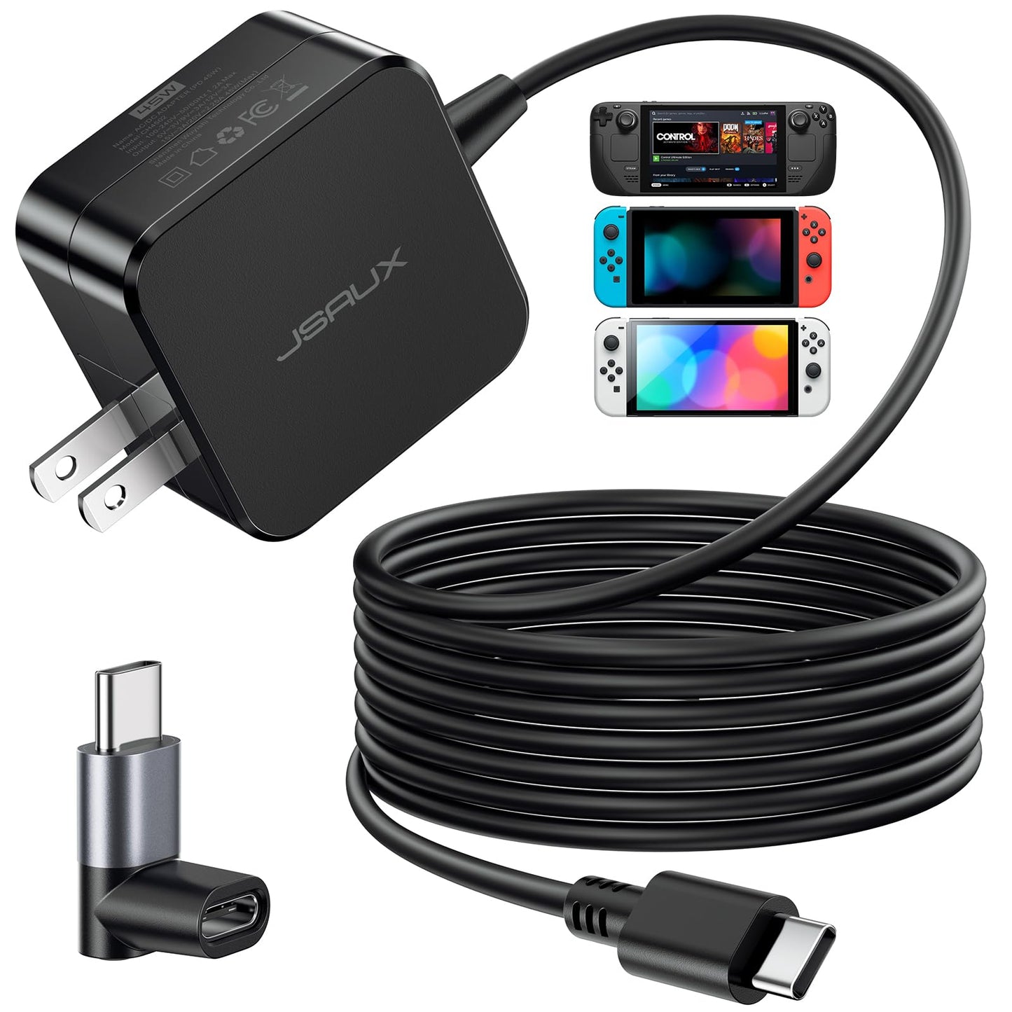 JSAUX 45W USB C Charger for Steam Deck/OLED, 10FT Cable Type C PD 3.0 45 Watt Fast Charging Compatible with Steam Deck, Switch/O