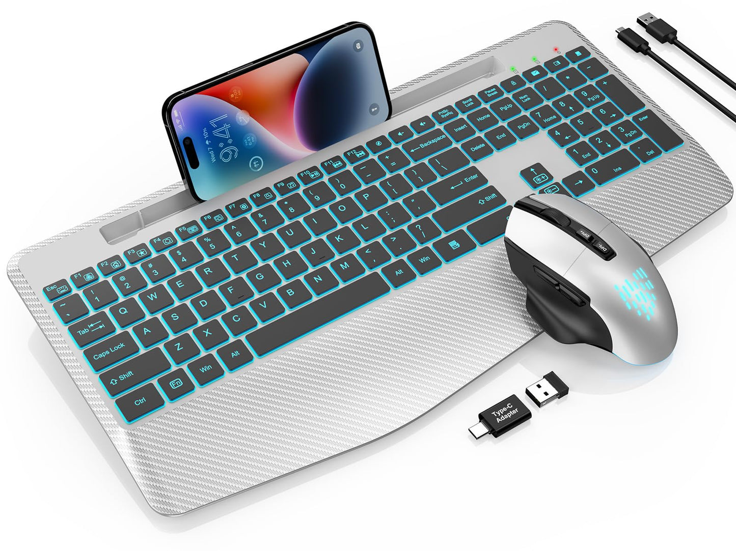 Wireless Keyboard and Mouse Backlits, Wrist Rest, LED Mouse, Rechargeable Ergonomic Keyboard with Phone Holder, Silent Light Up