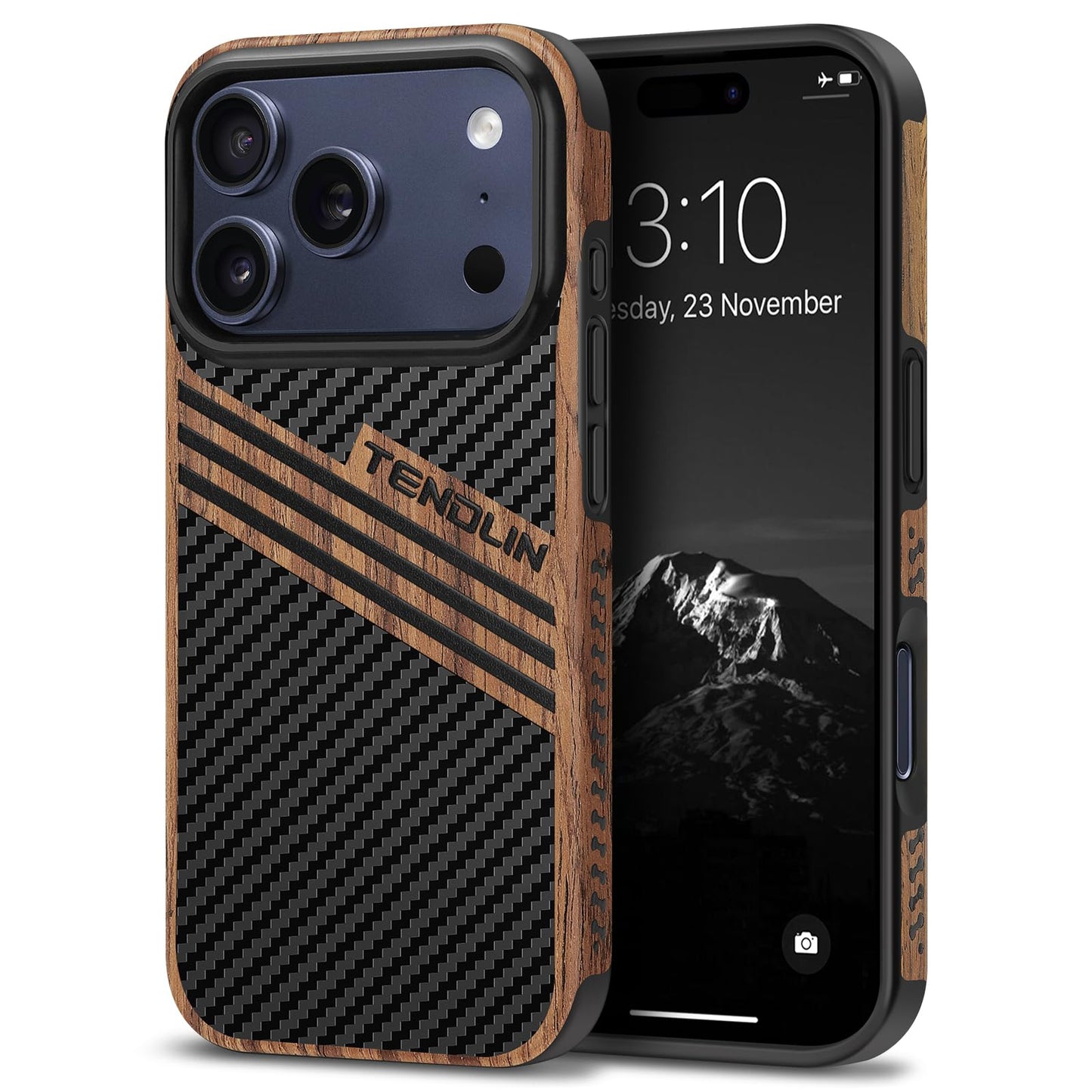 TENDLIN Compatible with iPhone 17 Pro Case Wood Grain with Carbon Fiber Texture Design Leather Hybrid Slim Case (Three Stripe)