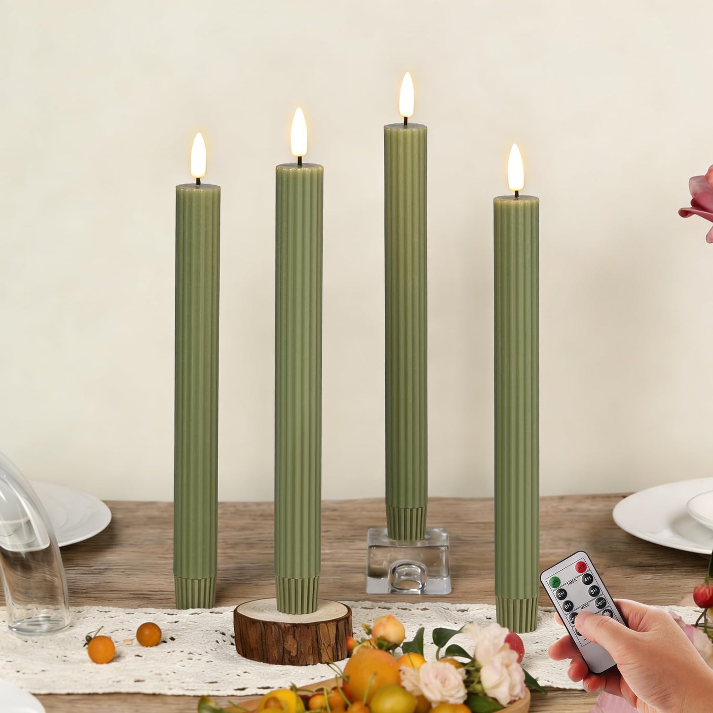 Girimax Olive Green Ribbed Flameless Taper Candles with Remote, Flickering LED Wax Candlesticks Battery Operated Set of 4