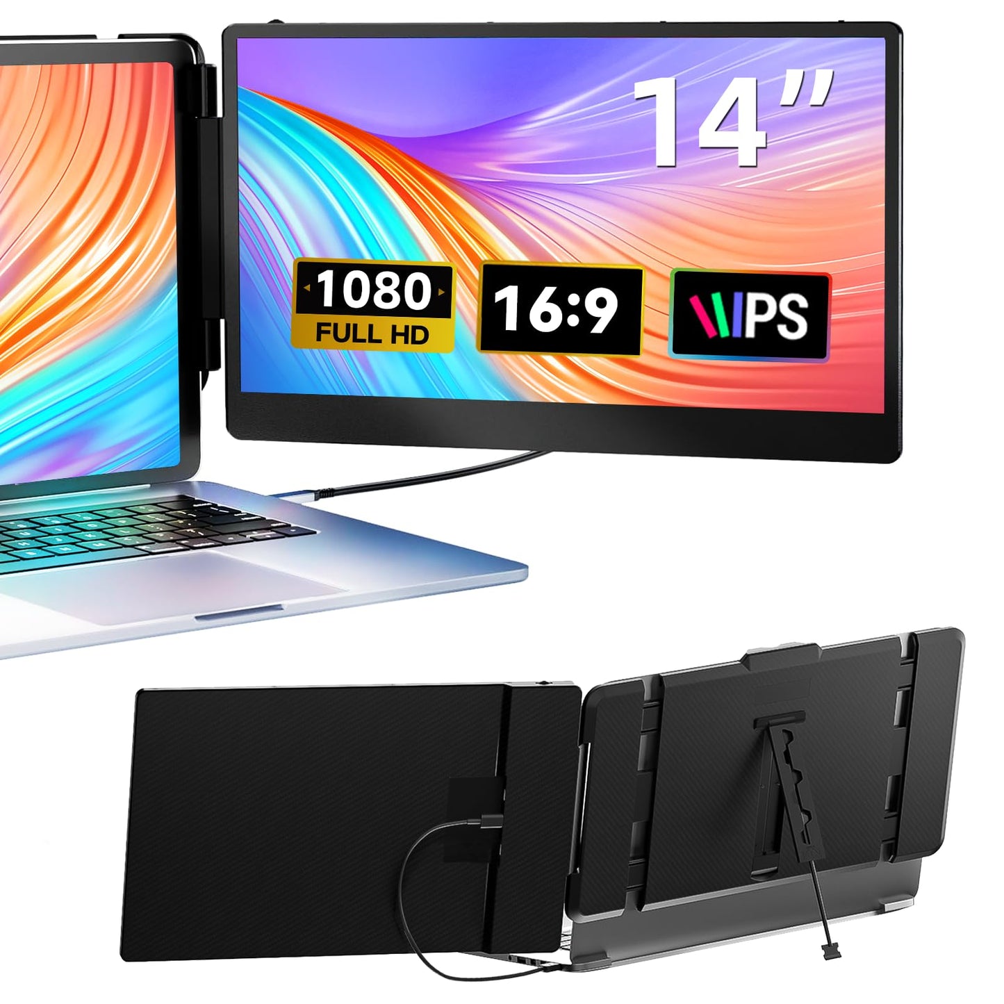 Laptop Screen Extender, 14 FHD 1080P IPS Dual Laptop Monitor Extender, Plug n Play Portable Travel Monitor for Laptops 13.3-17 w