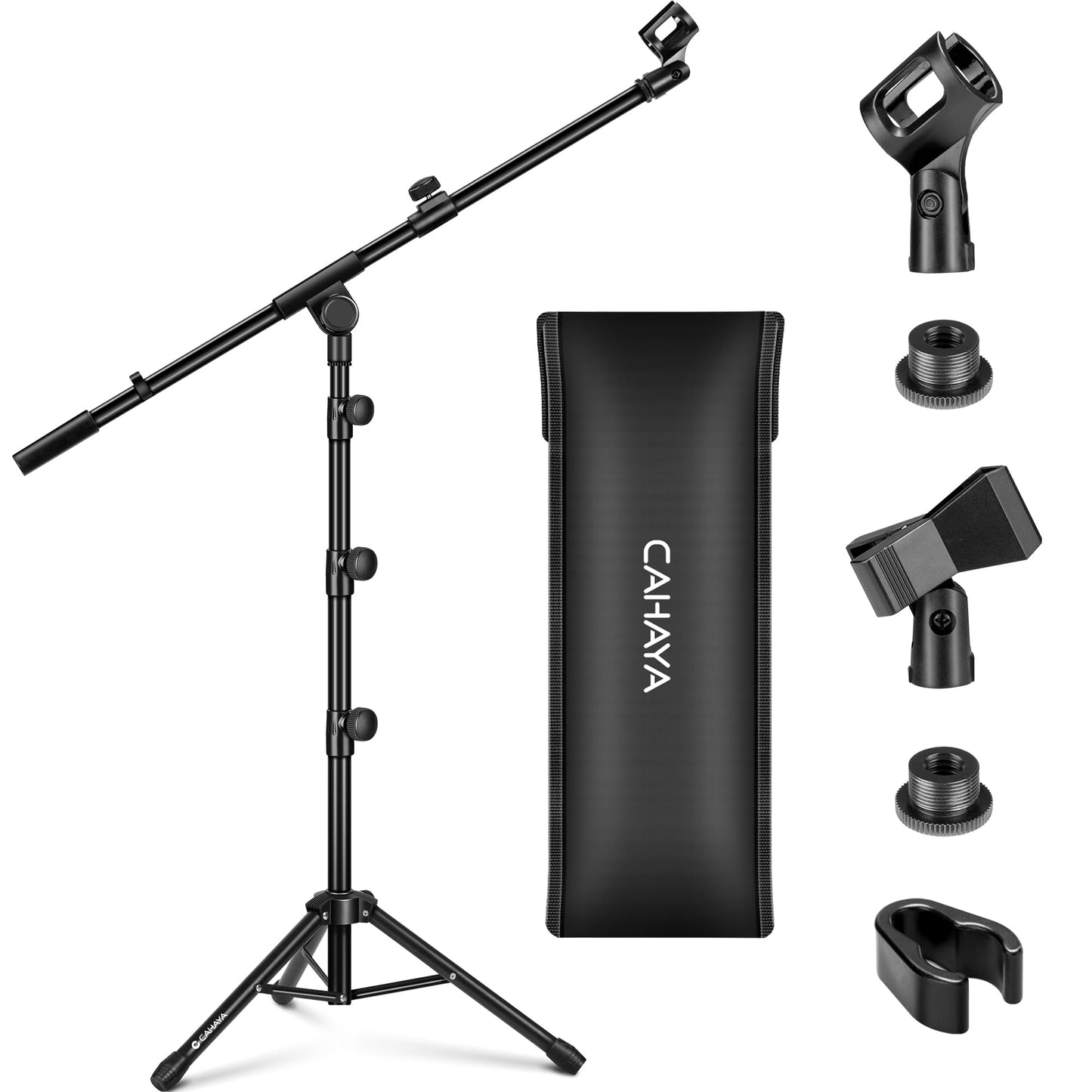 CAHAYA Mic Stand Tripod Boom Arm Floor Microphone Stand Height Adjustable with Carrying Bag and 2 Mic Clips 3/8 to 5/8 Adapter f