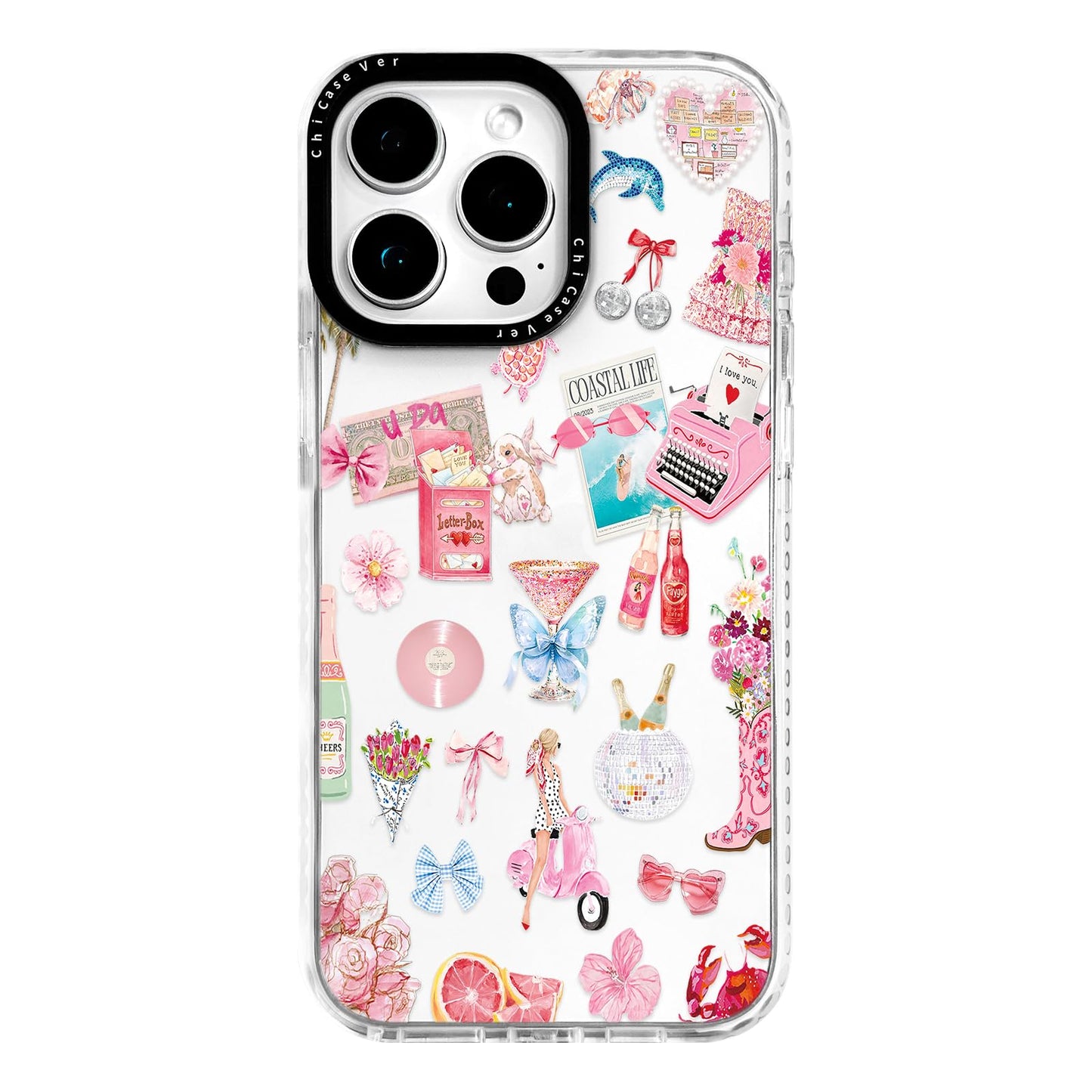 ChiCaseVer for iPhone 15 Pro Max Case, Coastal Romance Collage Pattern with Pink Motifs, Military-Grade Drop Protection, Trendy
