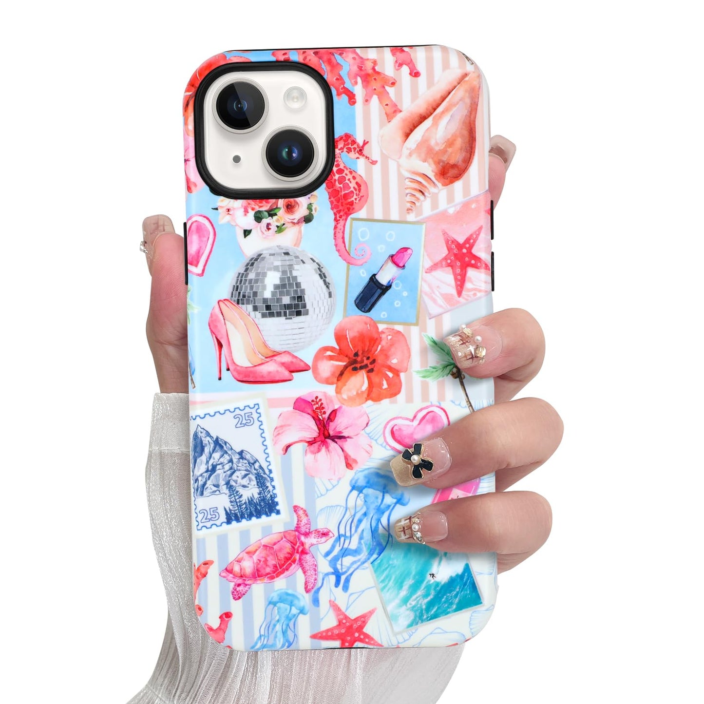 SOKAD Magnetic Summer Collage Phone Case for iPhone 15, Cute Beach Coastal Collage Pattern Compatible with Magsafe Matte Protect