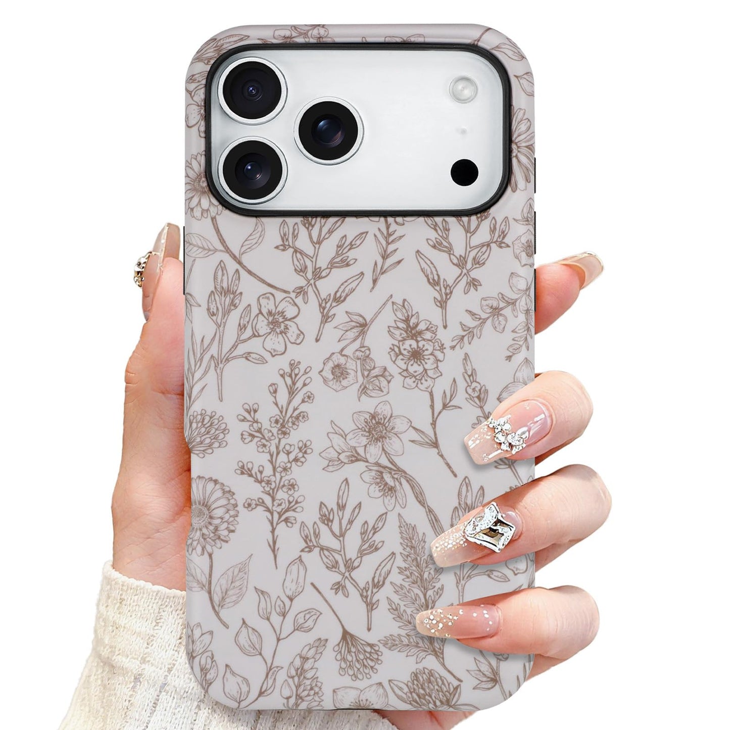 SOKAD Magnetic Sage Floral Phone Case for iPhone 17 Pro, Vintage Beige Flower Pattern Compatible with Magsafe Matte Protective C