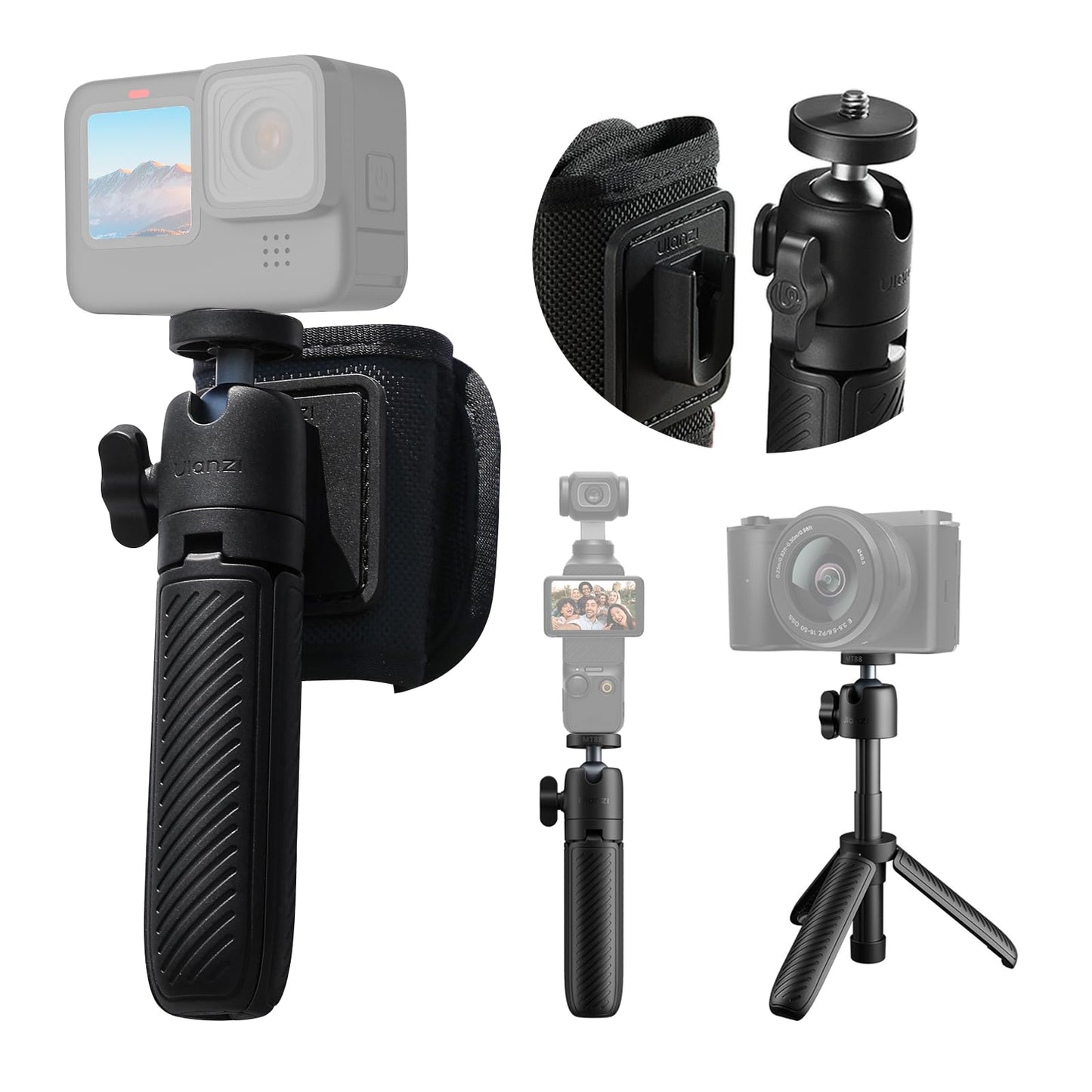 ULANZI MT88 Small Camera Tripod, Mini 3-in-1 Selfie Stick w Backpack Mount Shoulder Strap, 3-Sect Adjustable Tabletop Handheld T