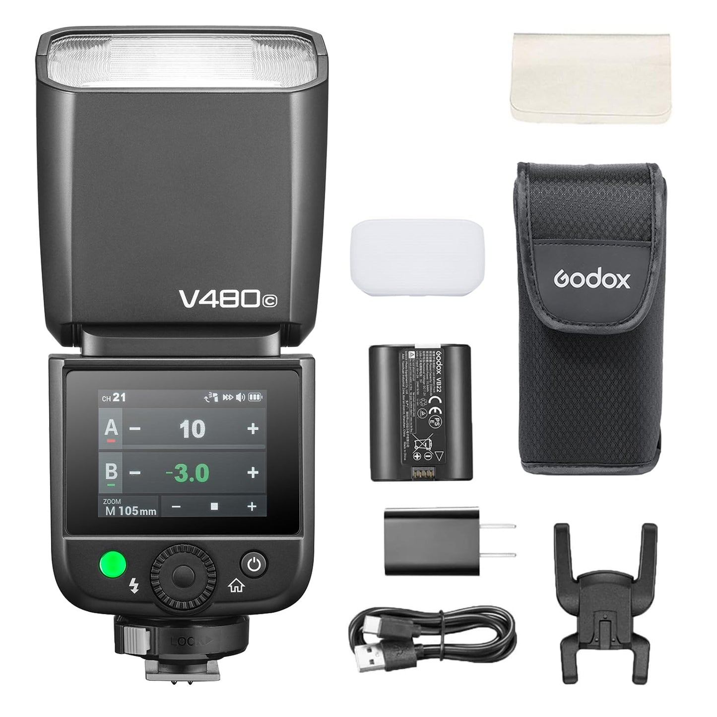 Godox V480-C V480 Flash for Canon, Touchscreen Speedlite, GN50 High Output, USB-C Charging, 1.7s Fast Recycle, 650 Full-Power Fl