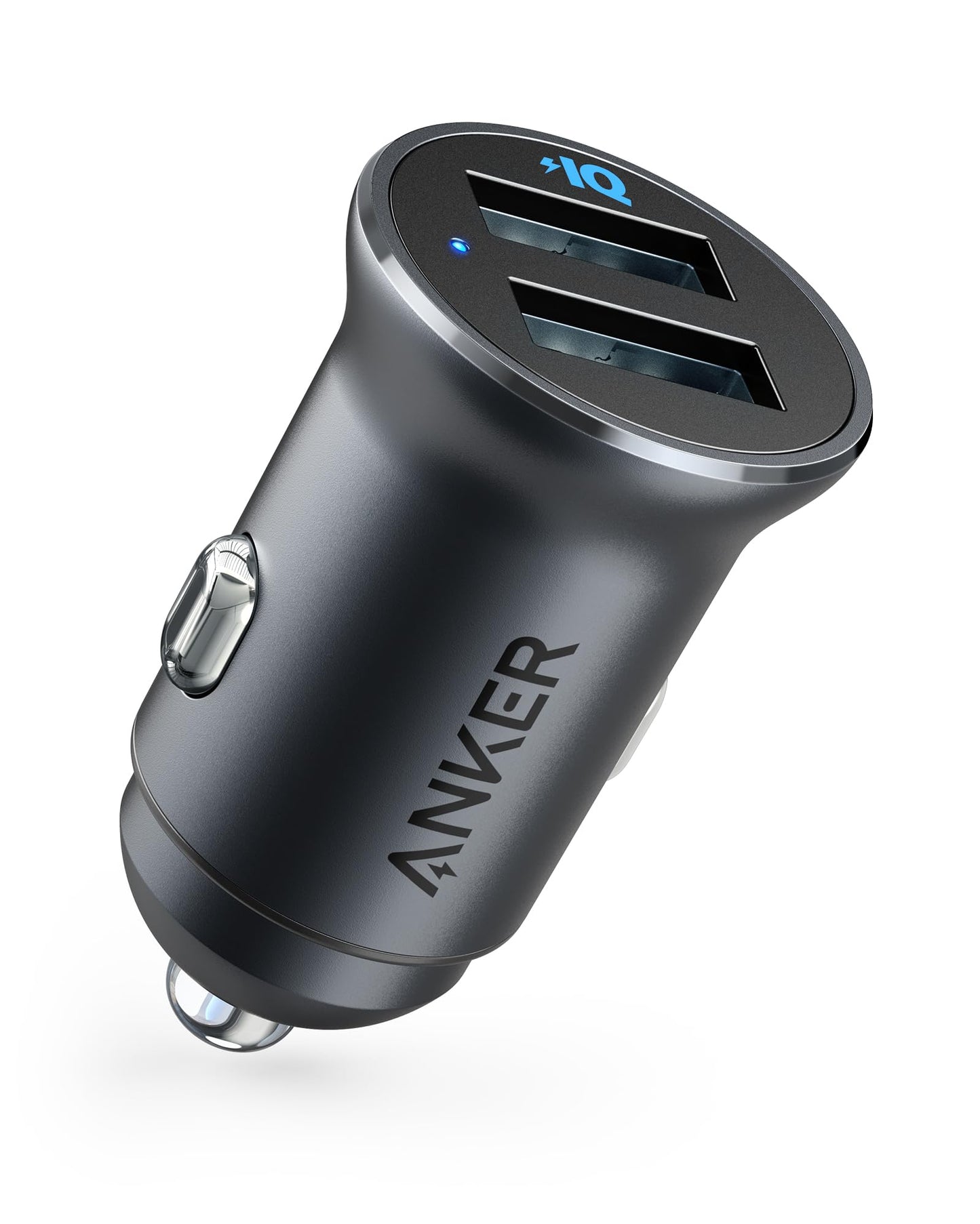 Anker 320 Car Charger (24W II), Mini Aluminum Alloy Dual USB with Blue LED for iPhone16 15 14 13 12 Series, iPad Pro/Air 2/Mini,