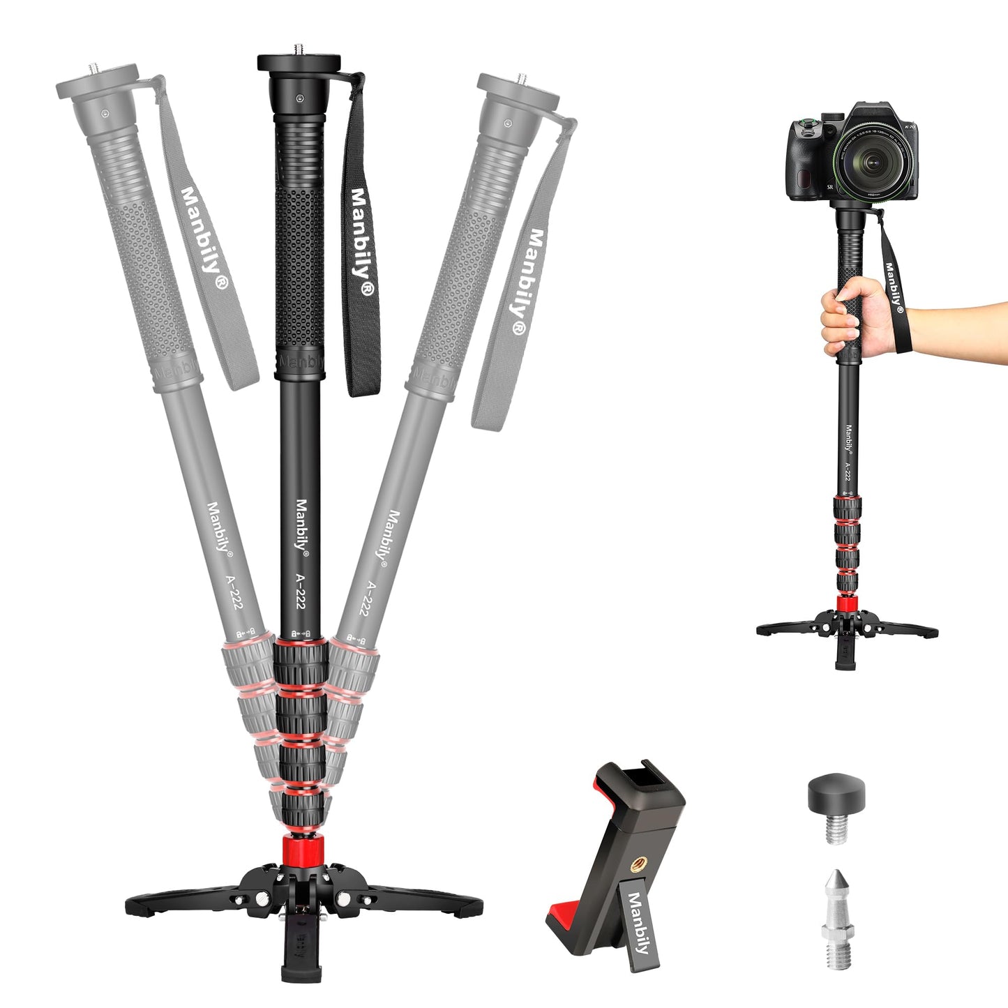 Manbily Extendable Camera Aluminum Monopod with Feet,Portable Travel Monopod with Removable Tripod Stand Base for DSLR Canon Nik