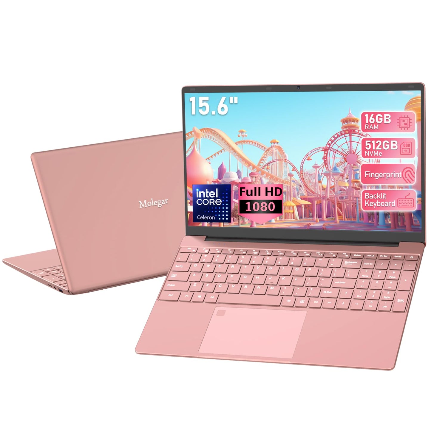 15.6 FHD Student Laptop Pink,16GB DDR4 RAM 512GB PCIe SSD,Portable Laptop Computer with Backlit Keyboard,180 Angle Opening,Fing