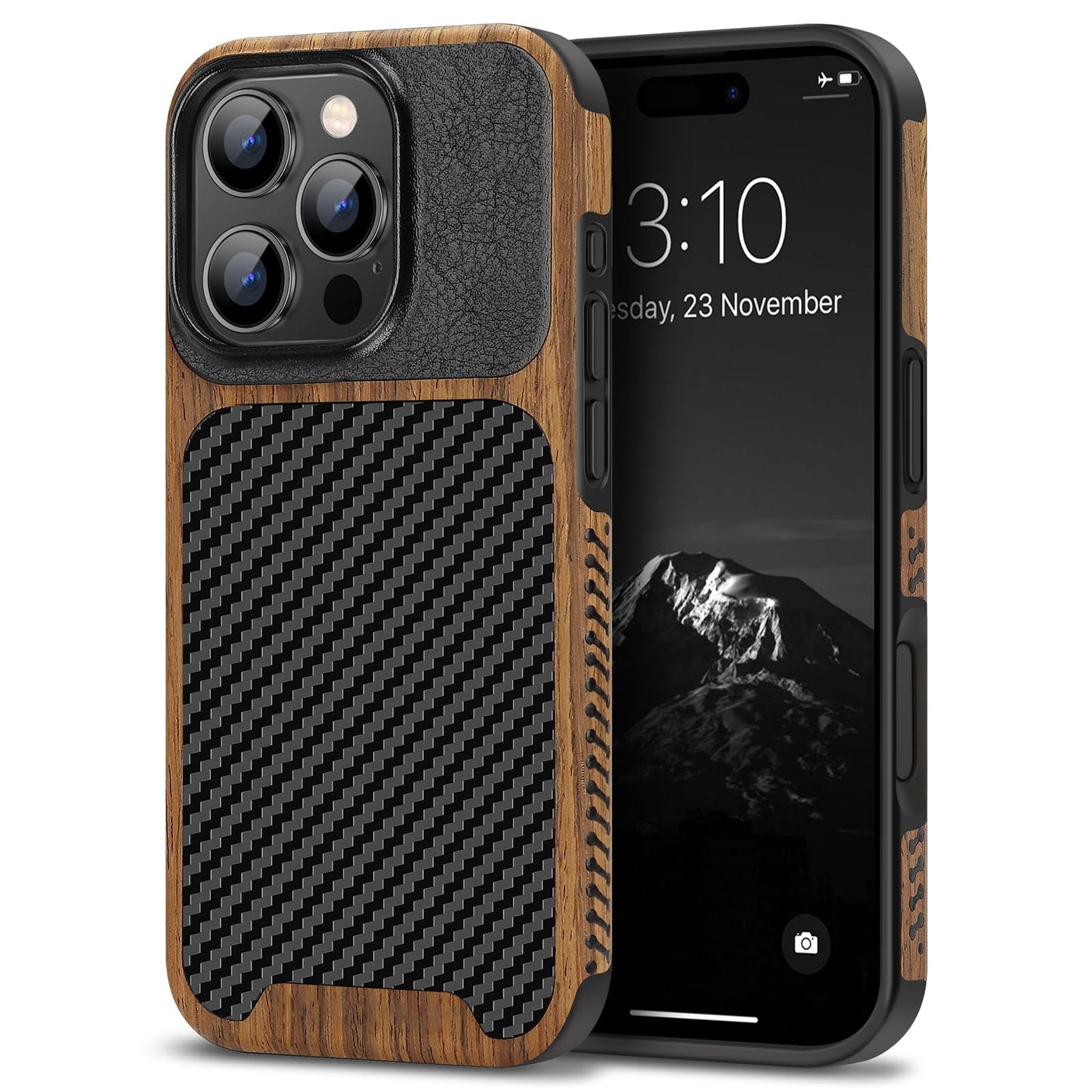TENDLIN Compatible with iPhone 16 Pro Max Phone Case Wood Grain with Carbon Fiber Texture Design Leather Hybrid Slim Case (Black