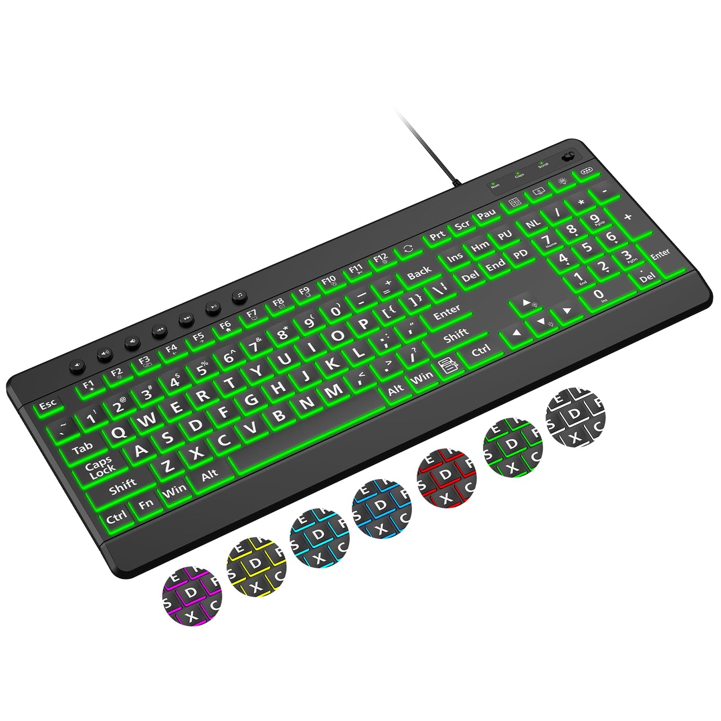 EDJO Large Print Backlit Wired Keyboard, Light Up USB Keyboard with 7-Colors Backlight, Oversize Letters Keys Full Size Computer