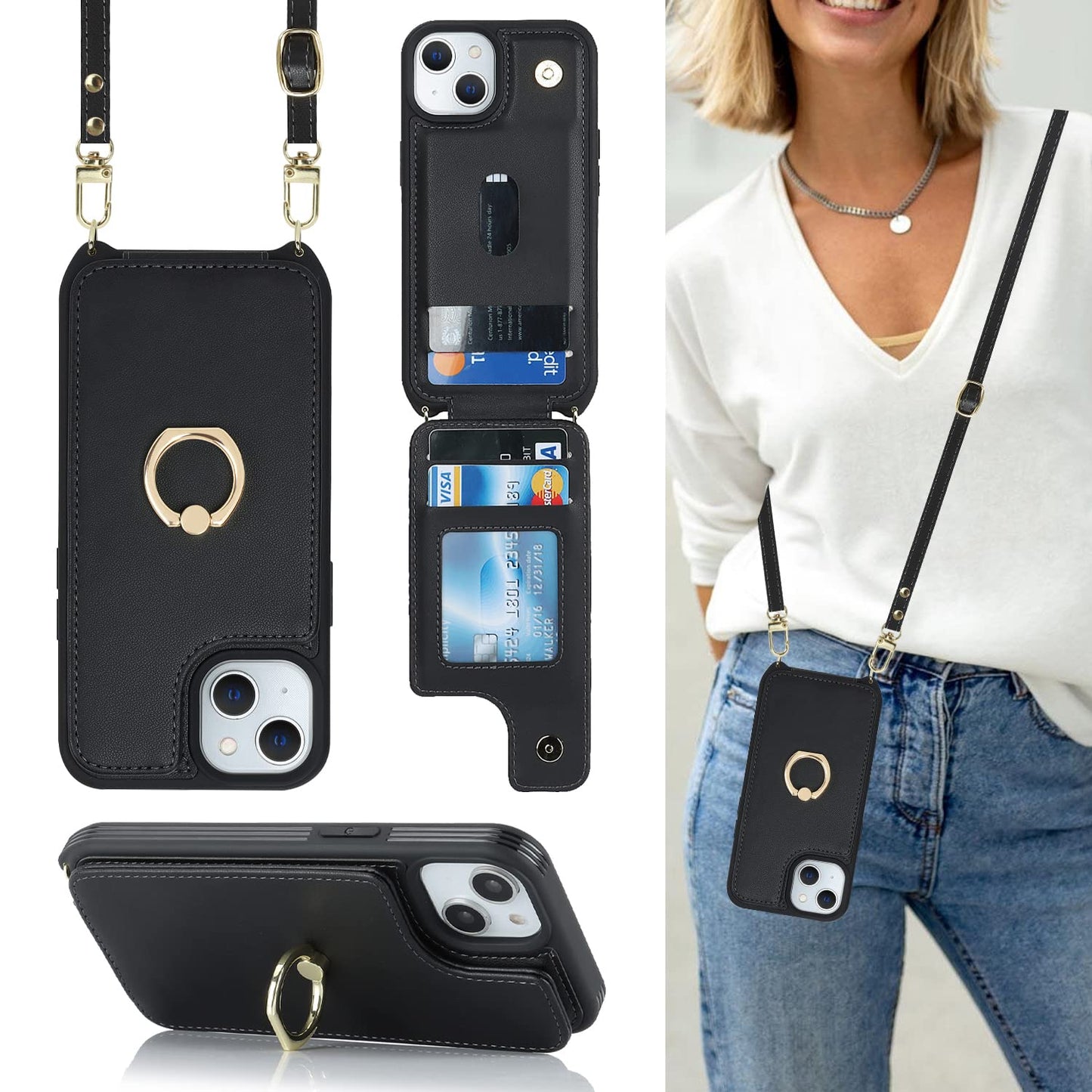 Lipvina for iPhone 15 Case with Card Holder and Strap for Women,Crossbody Lanyard,Ring Stand,Snap Clasp,Phone Wallet Cases 6.1 i